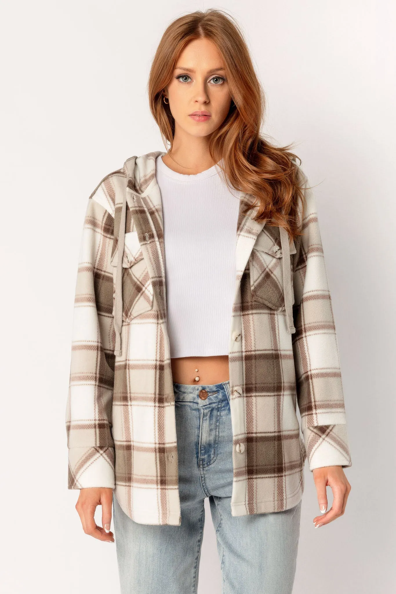 Oceane Plaid Polar Fleece Hooded Shacket