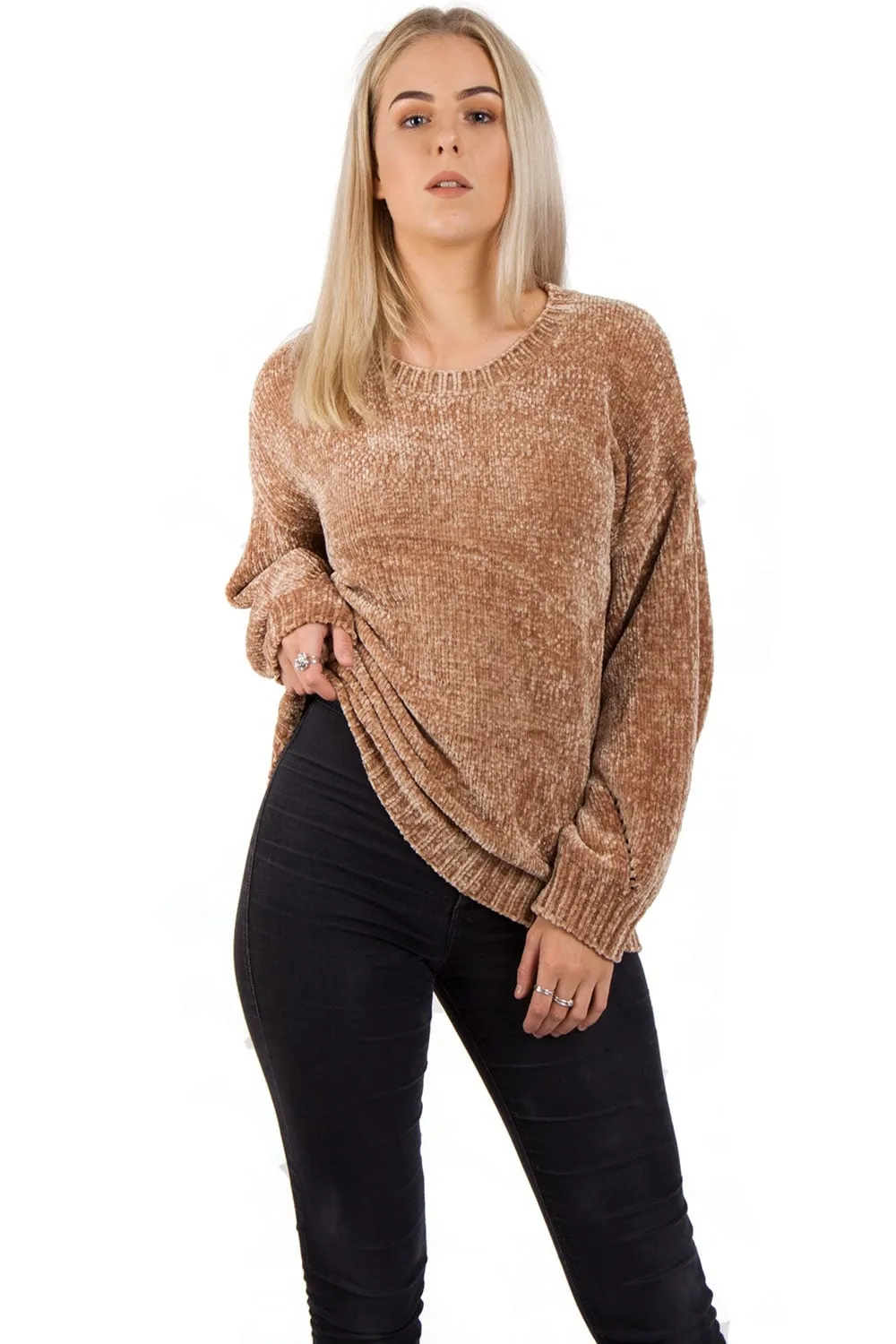 Oversized Soft Chenille Knitted Hole Design Sleeve Jumper