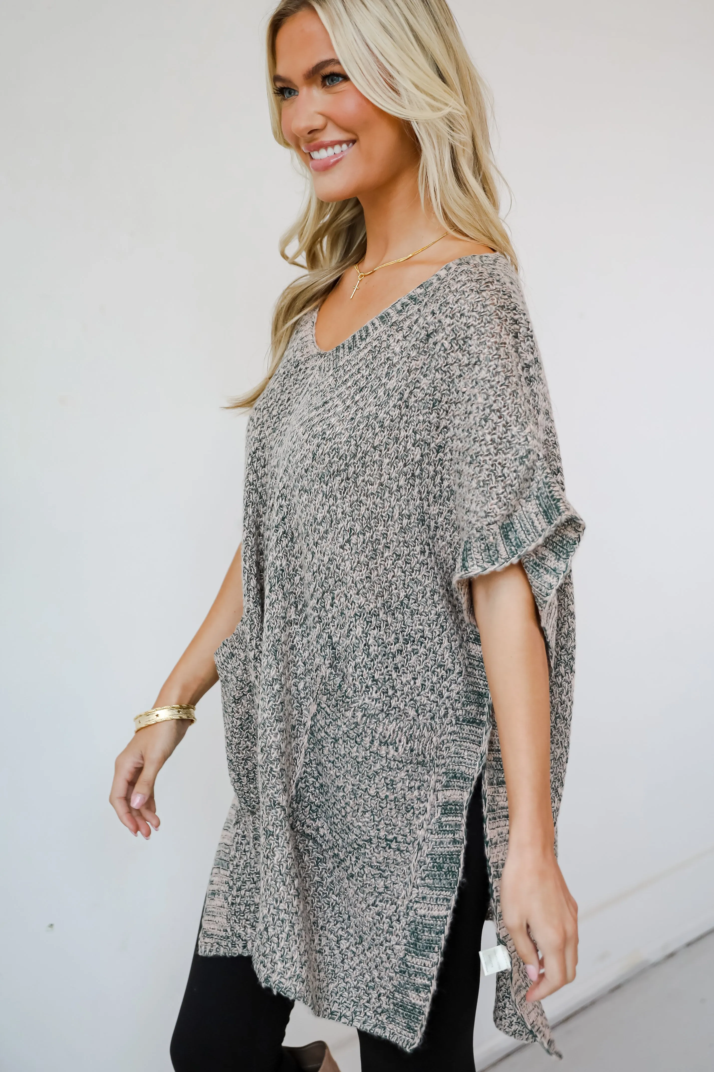 Perfectly Toasty Taupe Knit Poncho - DOORBUSTER