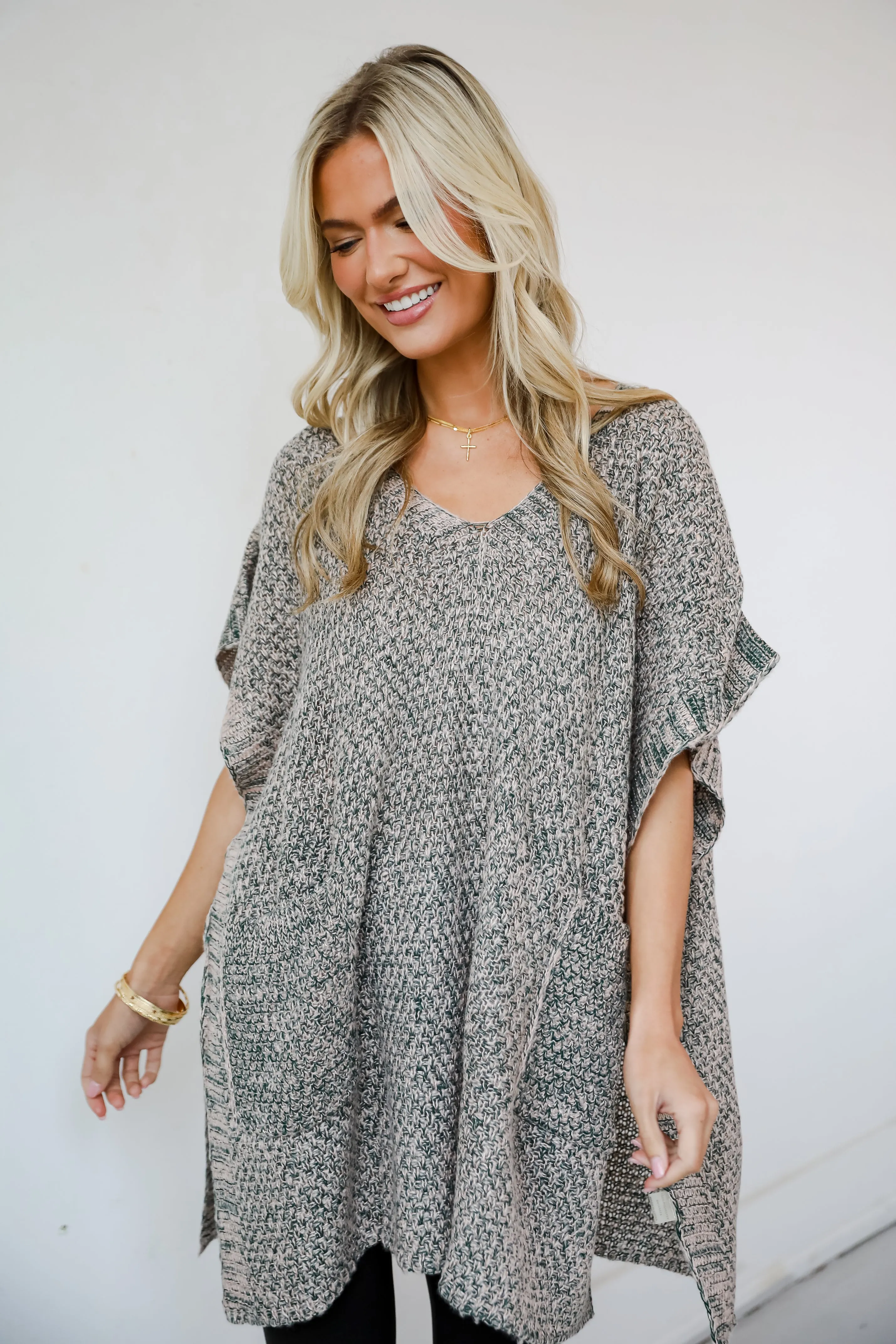 Perfectly Toasty Taupe Knit Poncho - DOORBUSTER