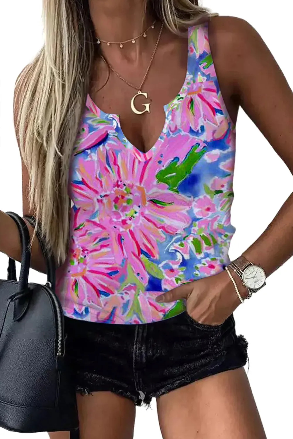 Pink Floral Print Notch Neck Tank Top – Effortlessly Bold, Unapologetically You