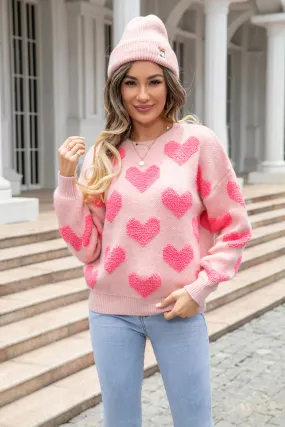 Pink Heart Print Sweatshirt Round Neck Dropped Shoulder Sweater with Heart Pattern