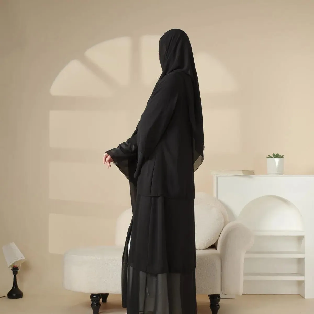 Plain 3-Layered Chiffon Open Abaya 3-Piece Set (MOA007)