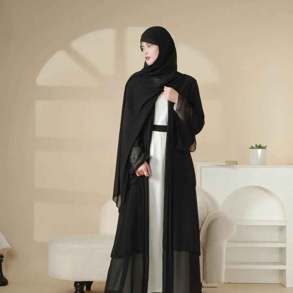 Plain 3-Layered Chiffon Open Abaya 3-Piece Set (MOA007)