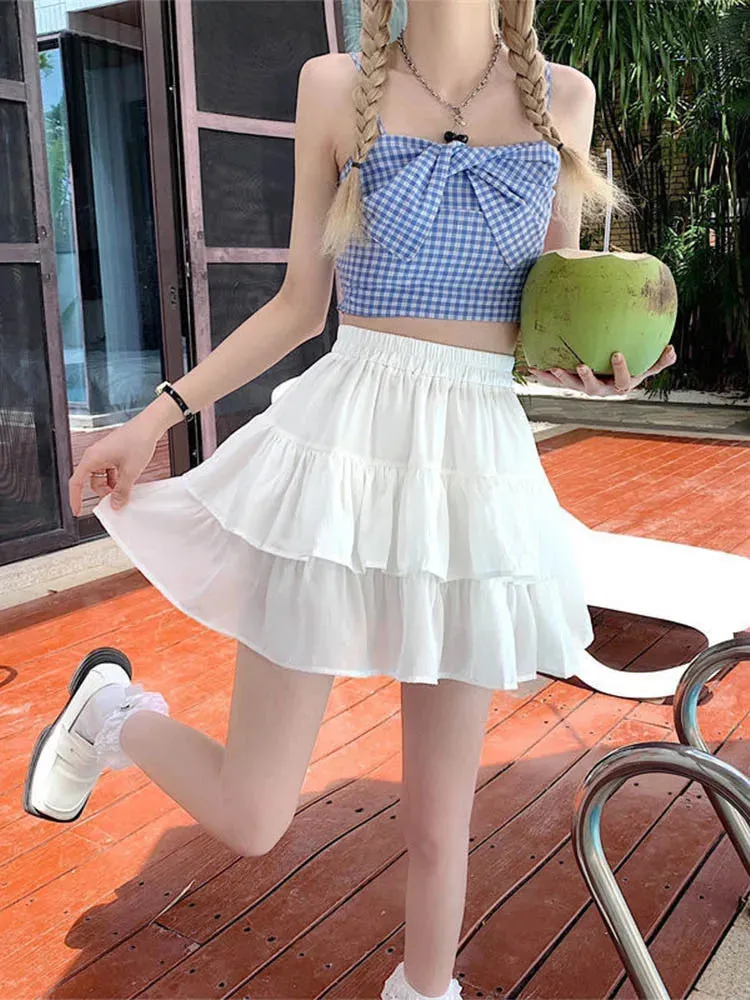 Pleated A-line Ruffles Sweet Hottie Preppy Skirt with Elastic Waist