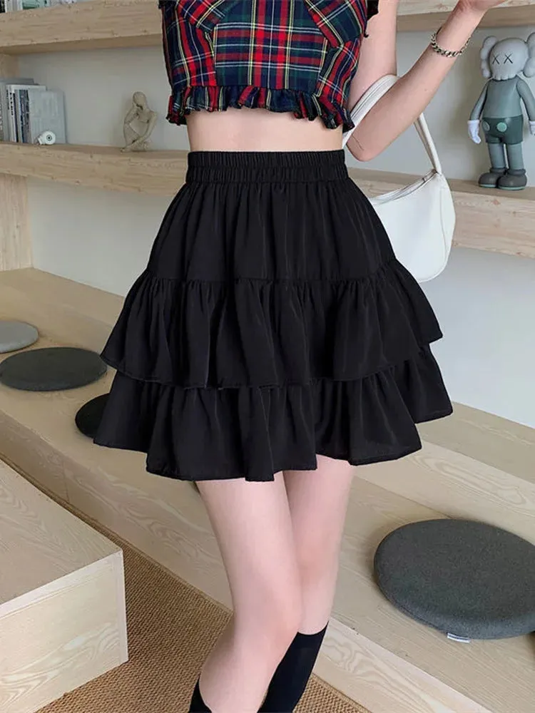 Pleated A-line Ruffles Sweet Hottie Preppy Skirt with Elastic Waist