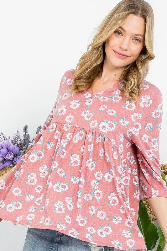 Plus Floral Split Neckline Babydoll Tunic