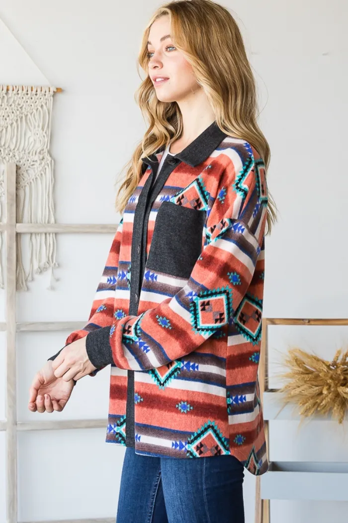 Plus Size Multi Color Aztec Print Contrast Button Down Shacket