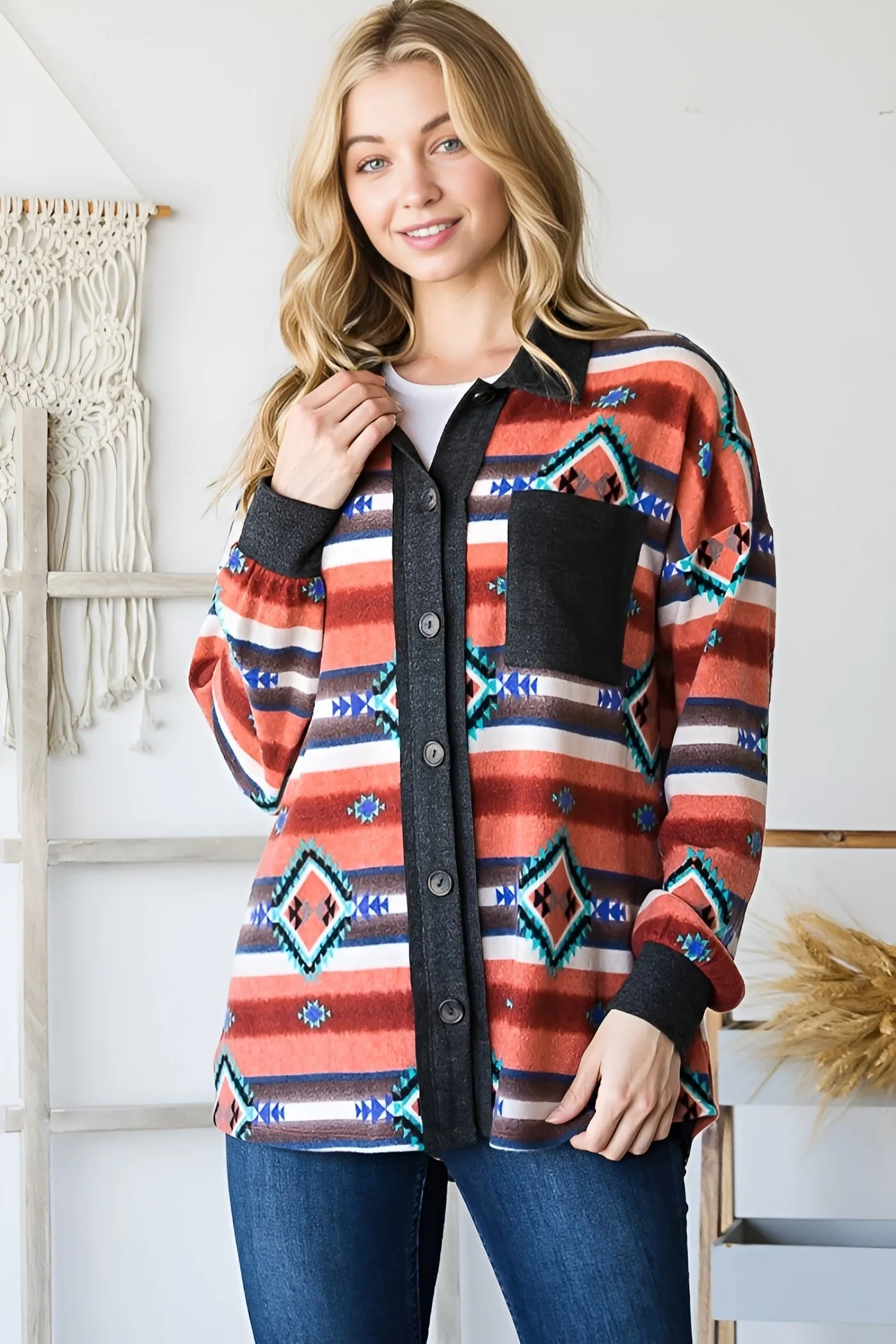 Plus Size Multi Color Aztec Print Contrast Button Down Shacket