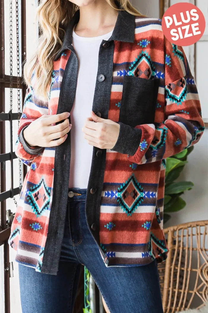 Plus Size Multi Color Aztec Print Contrast Button Down Shacket