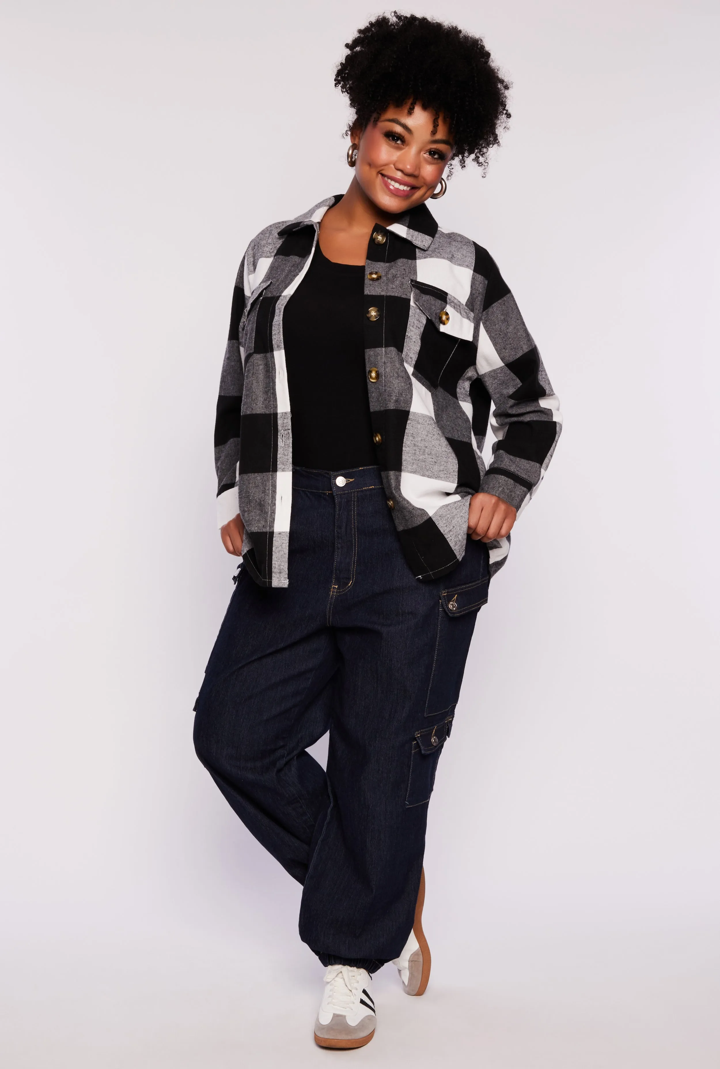 Plus Size Plaid Flannel Button Front Shacket