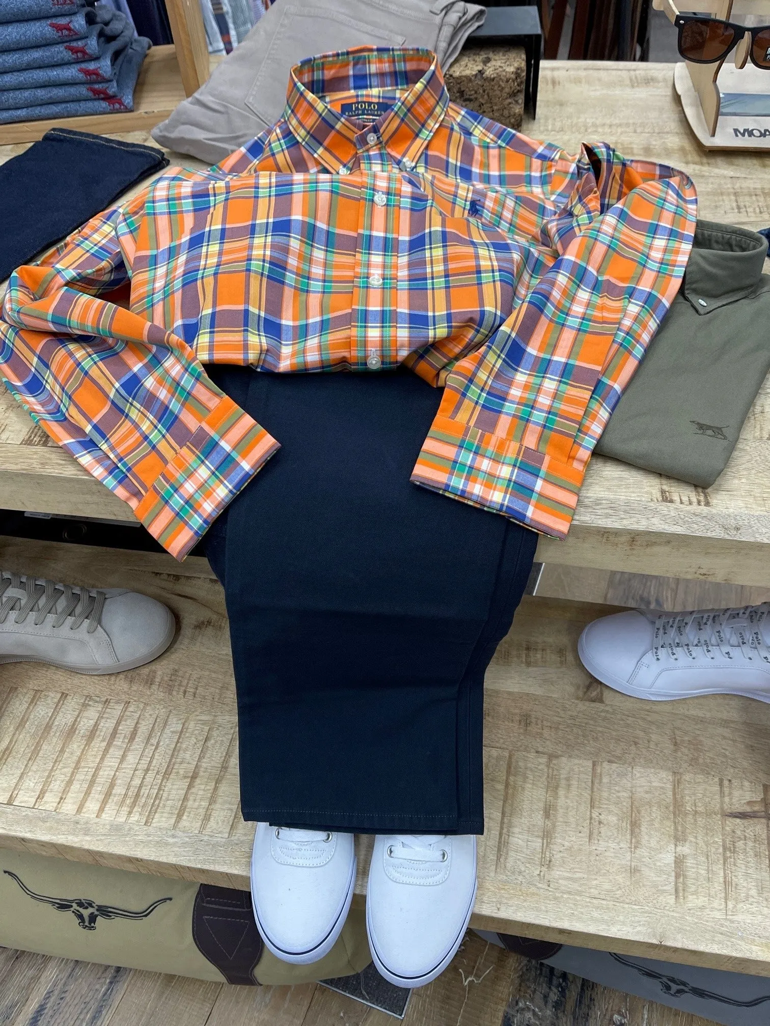 Poplin Stretch Custom Fit Shirt - Check - Orange/Navy Multi