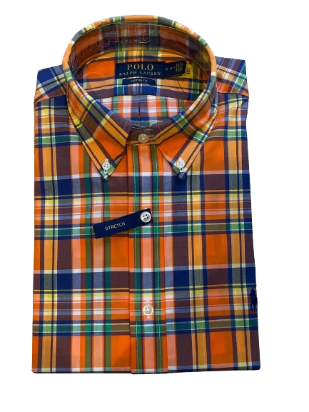 Poplin Stretch Custom Fit Shirt - Check - Orange/Navy Multi