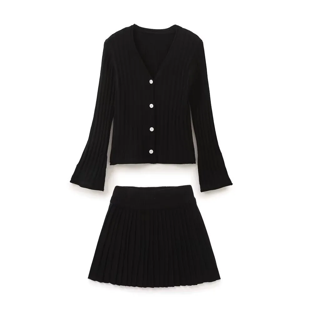 Pre Order:  Cuff Slit Pleated Knitted Cardigan   Skirt Set