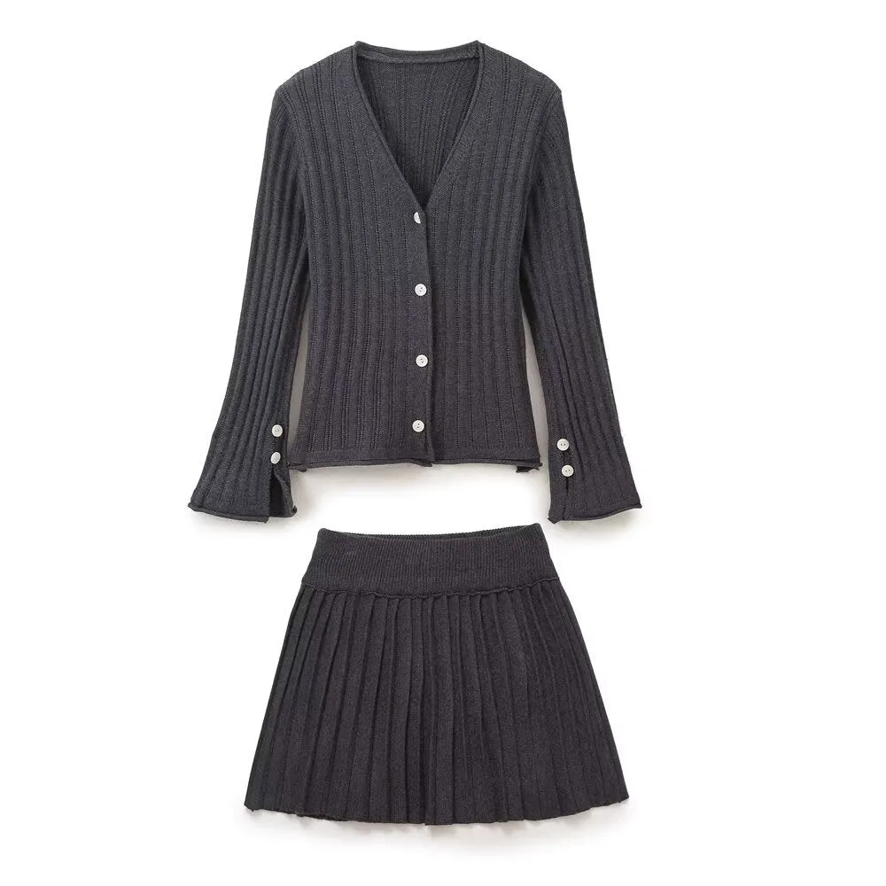 Pre Order:  Cuff Slit Pleated Knitted Cardigan   Skirt Set