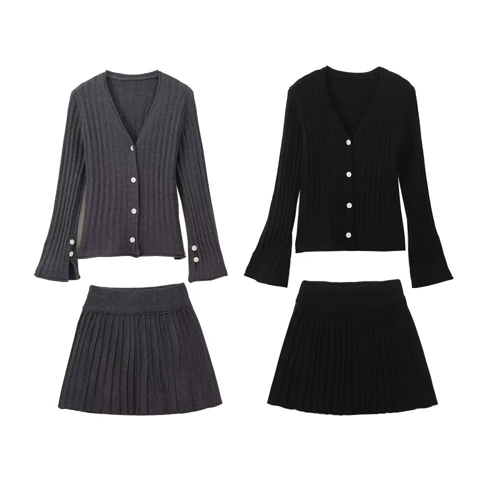 Pre Order:  Cuff Slit Pleated Knitted Cardigan   Skirt Set