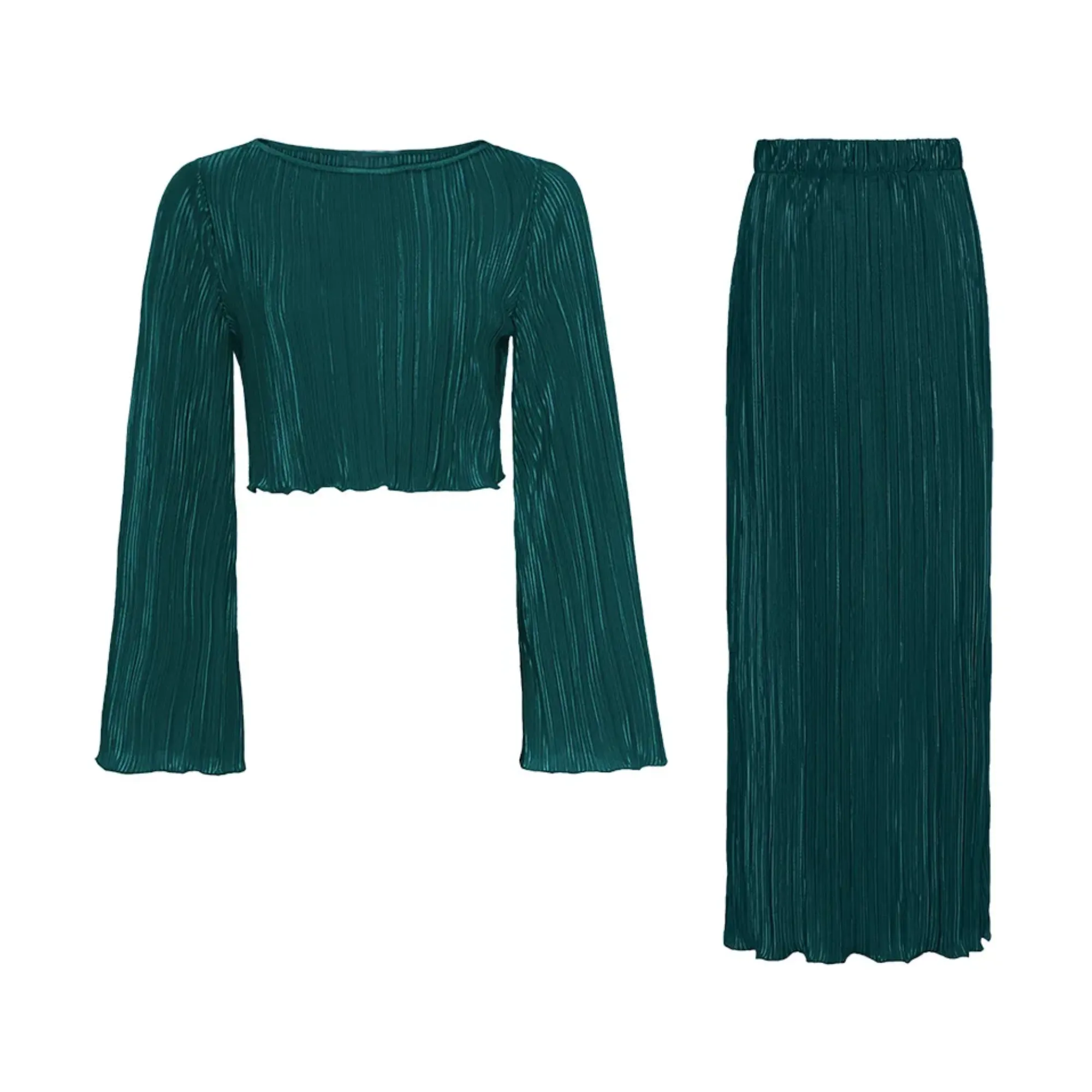 Pre Order:  Green Pleated Ruffled Crop Top Set