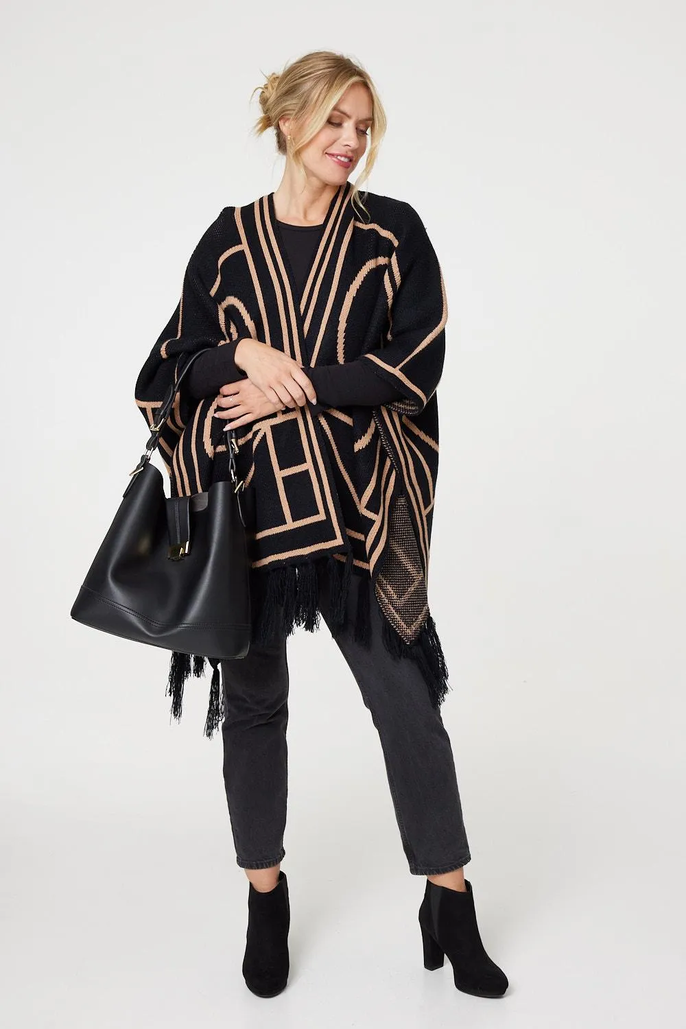 Printed Tassel Fringe Longline Poncho