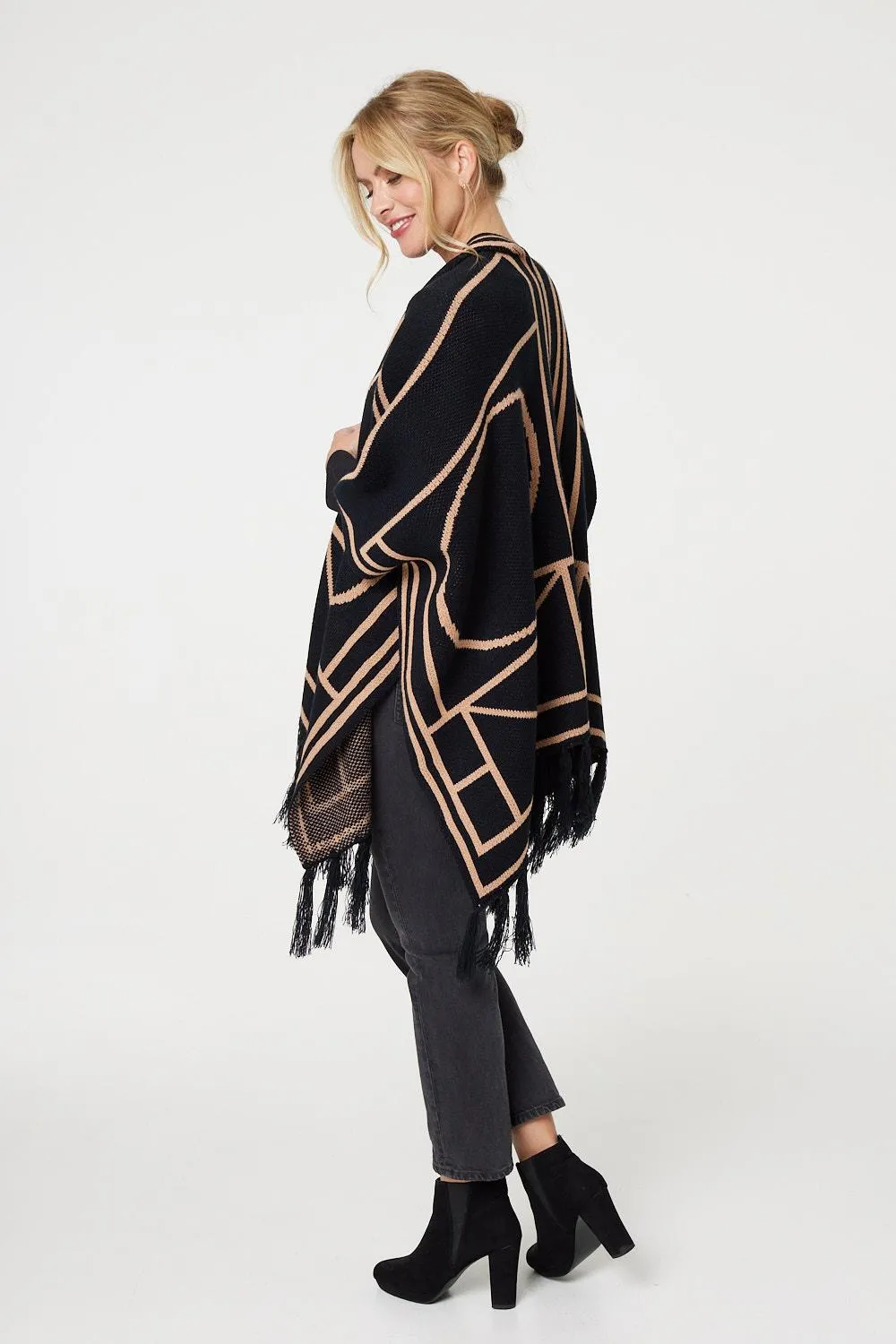 Printed Tassel Fringe Longline Poncho