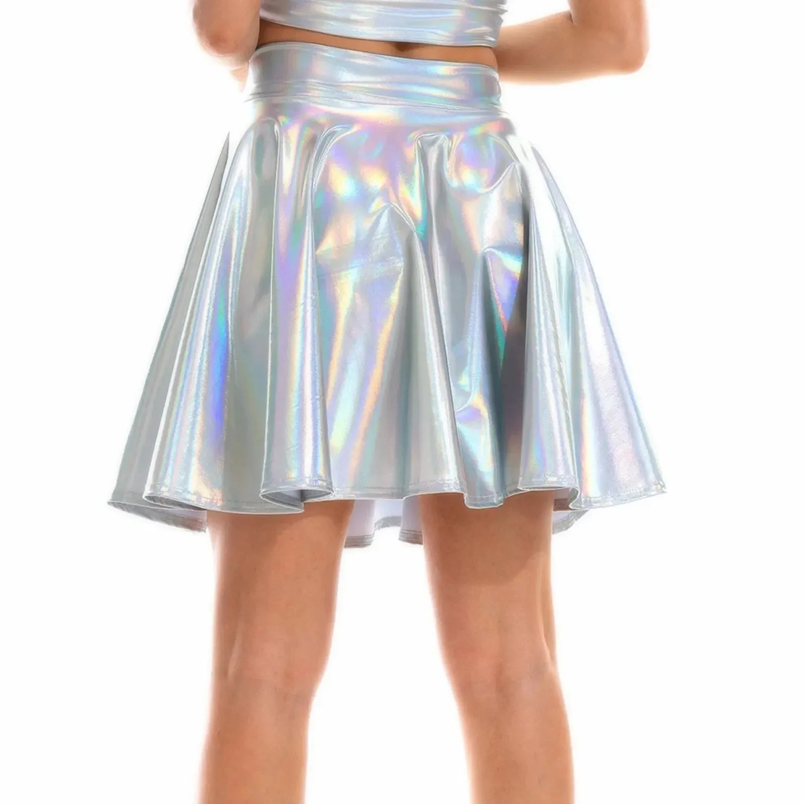 PU Leather Mini Skirt Laser High Waist Party Dance Shiny Holographic Pleated Nightclub Skirt