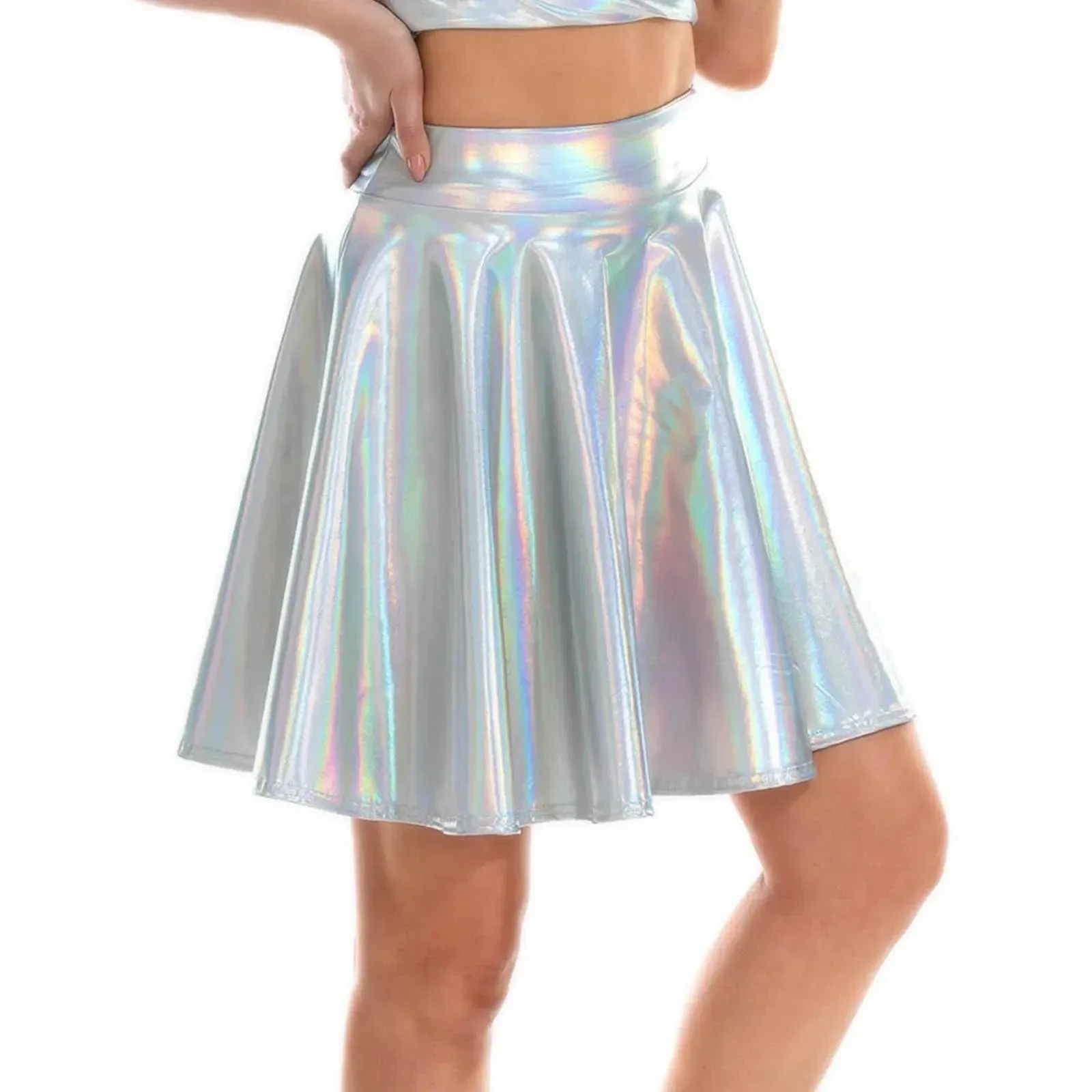 PU Leather Mini Skirt Laser High Waist Party Dance Shiny Holographic Pleated Nightclub Skirt