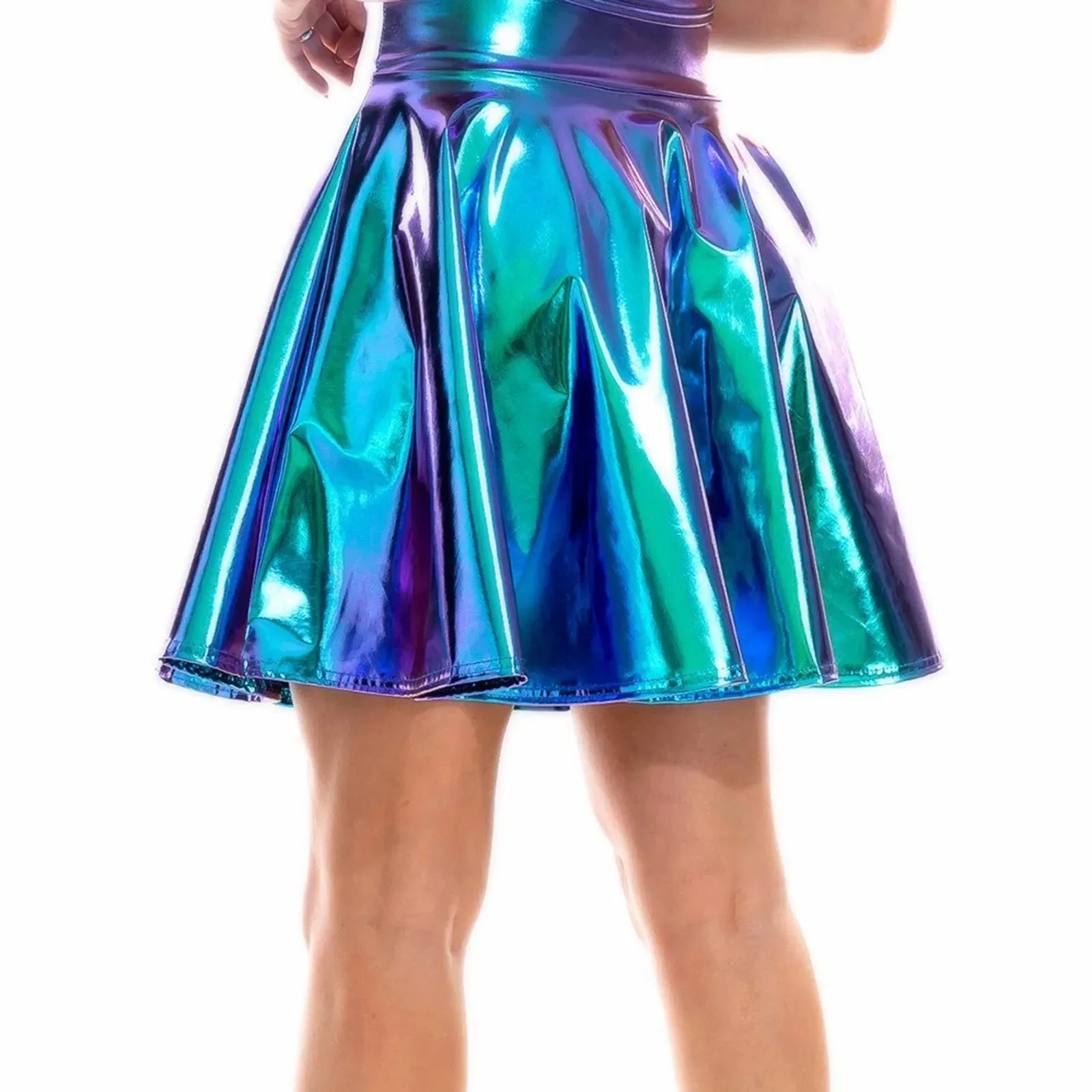 PU Leather Mini Skirt Laser High Waist Party Dance Shiny Holographic Pleated Nightclub Skirt