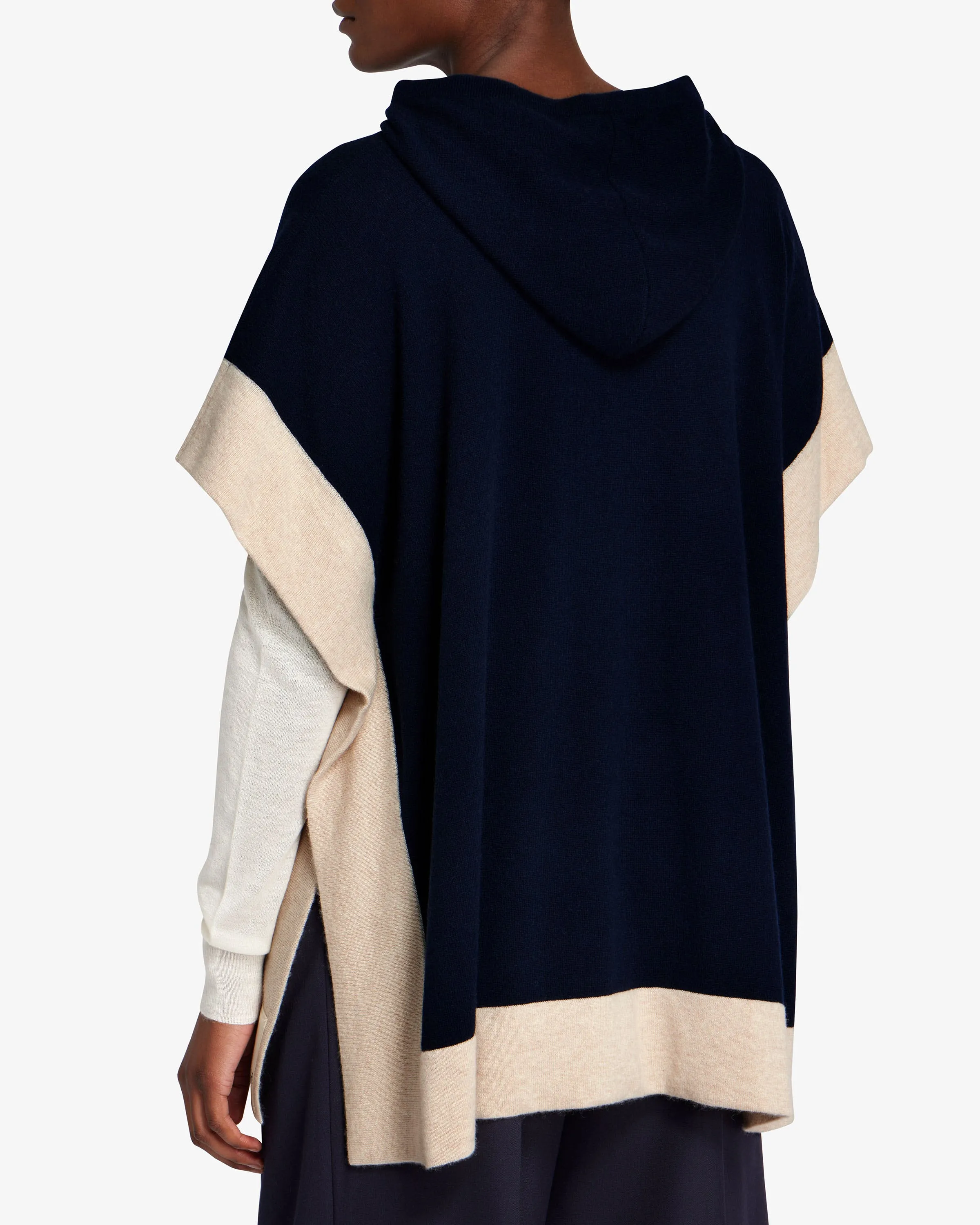 Pure Cashmere Relaxed Hood Poncho - Navy/Wheat