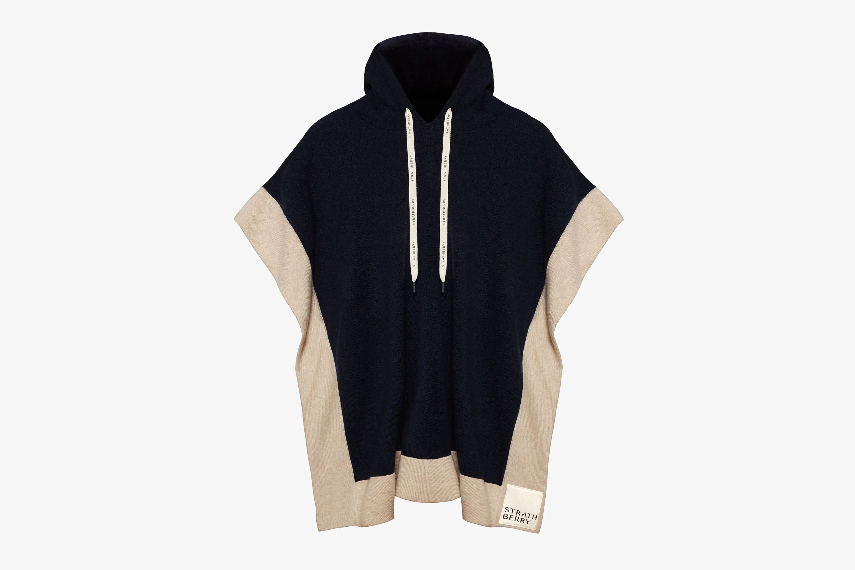 Pure Cashmere Relaxed Hood Poncho - Navy/Wheat