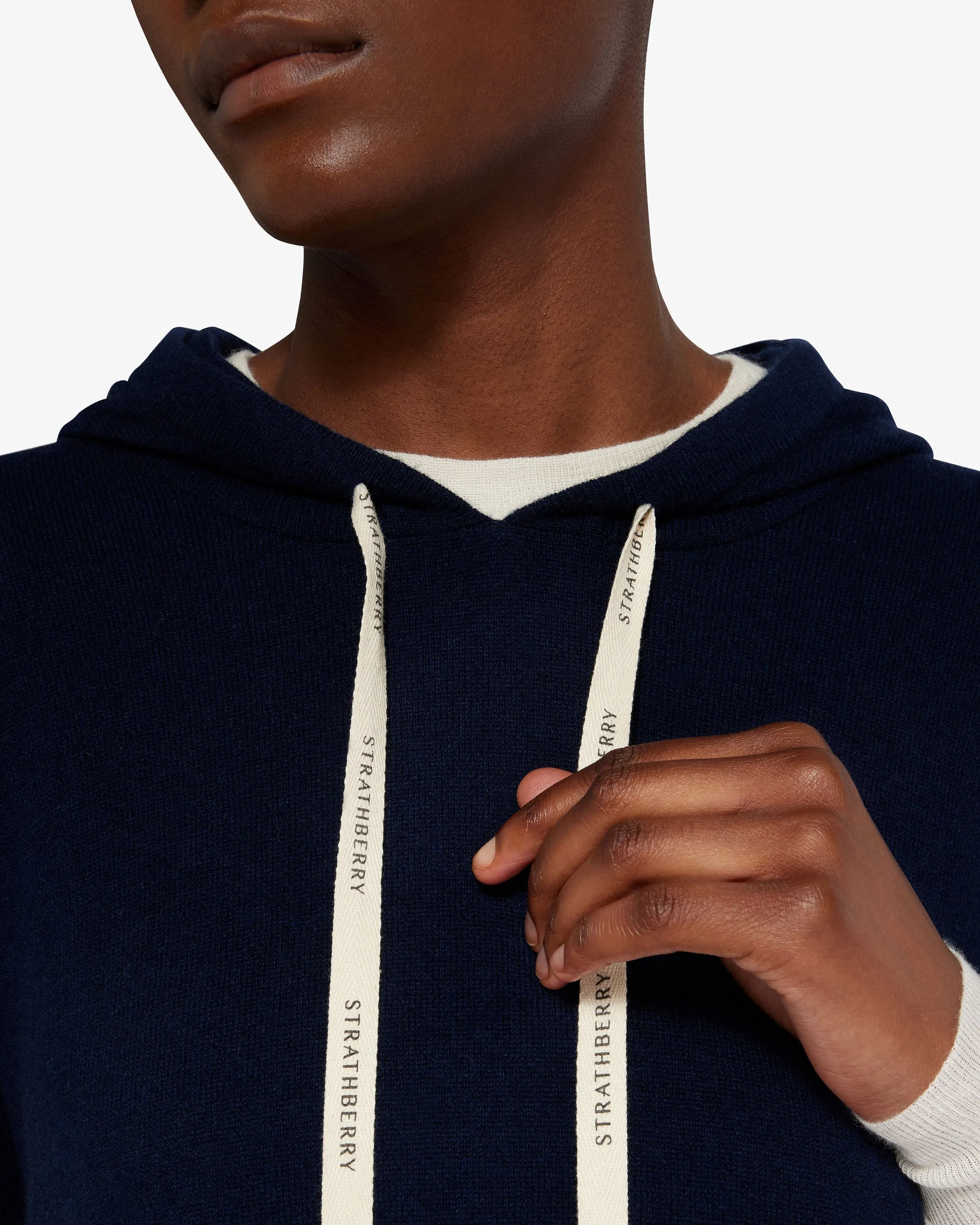 Pure Cashmere Relaxed Hood Poncho - Navy/Wheat