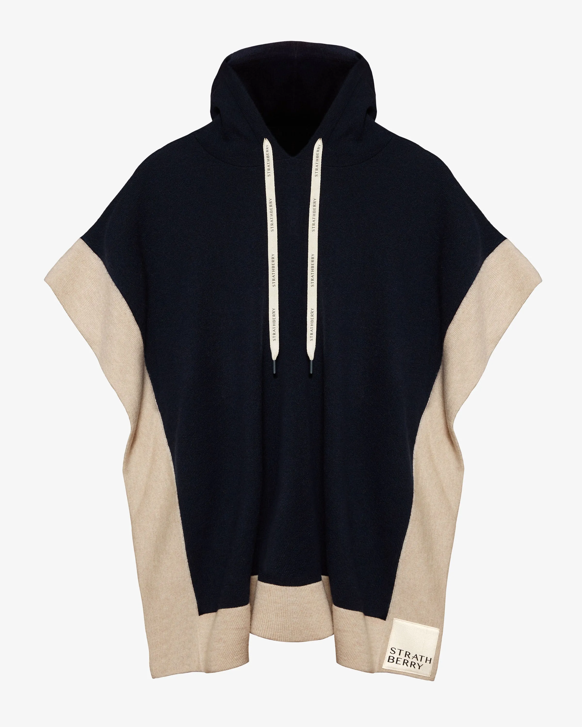 Pure Cashmere Relaxed Hood Poncho - Navy/Wheat