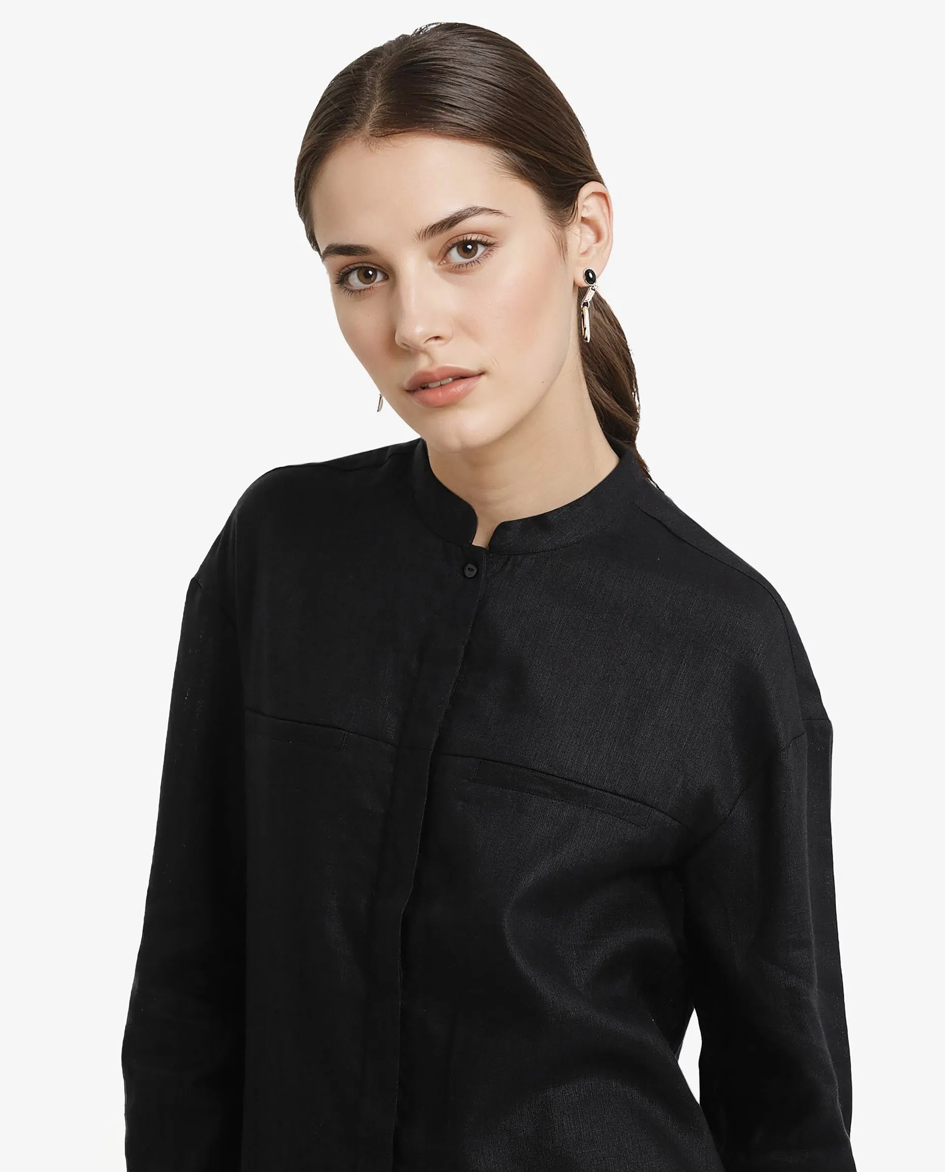 Rareism Women Aruba Black Cotton Linen Fabric Collared Neck Printed Regular Fit Shirt