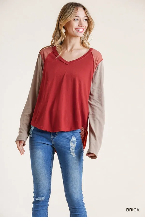 Raw Edge Color Block Top, Brick