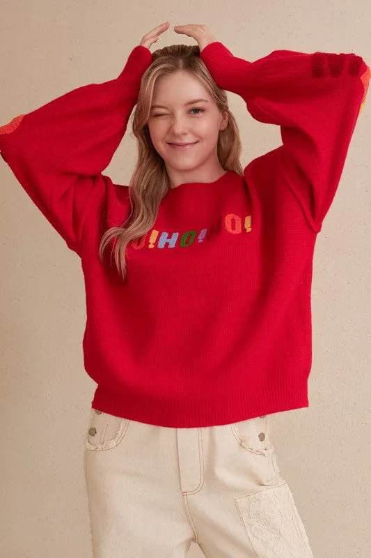 Red Ho Ho Ho Merry Christmas Textured Letters Sweater