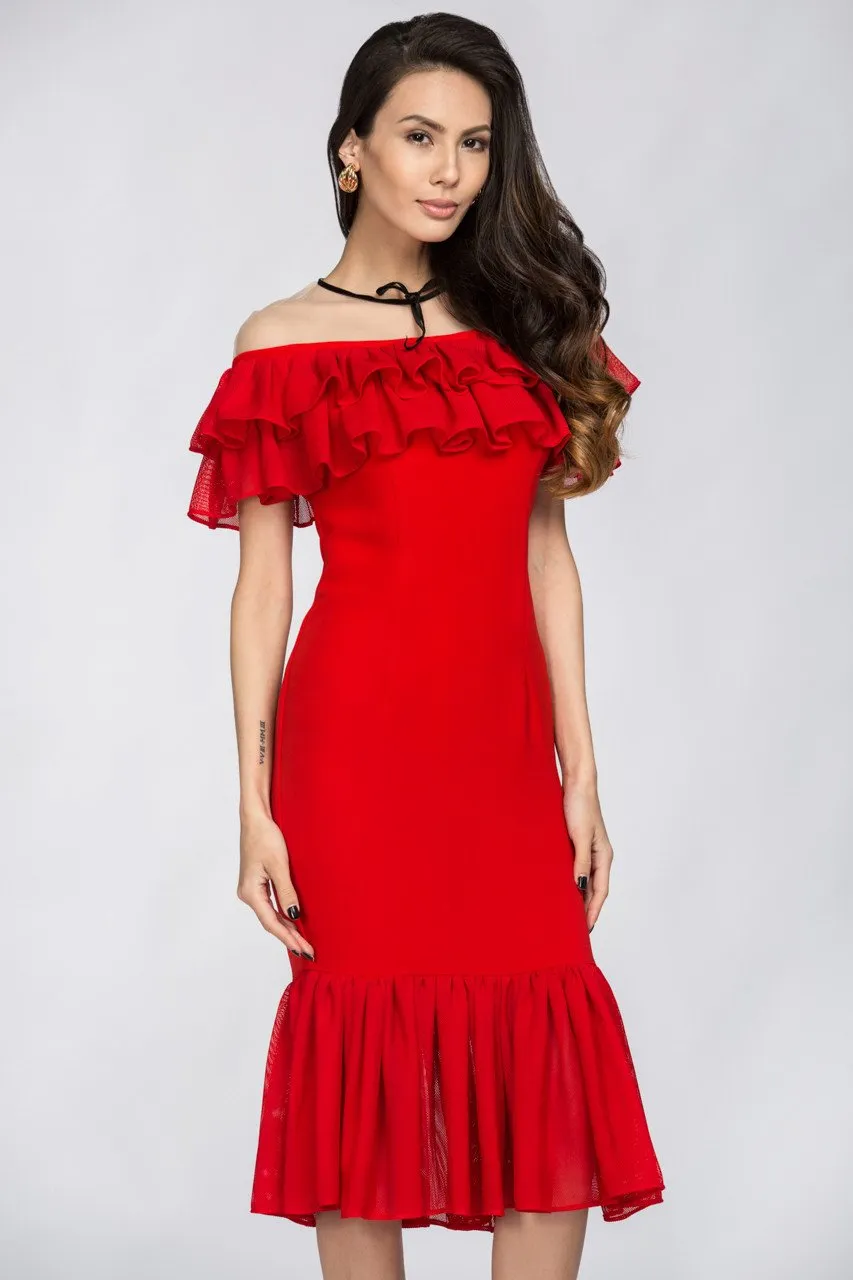 Red Yoke Mesh Ruffle Trumpet Midi Dress