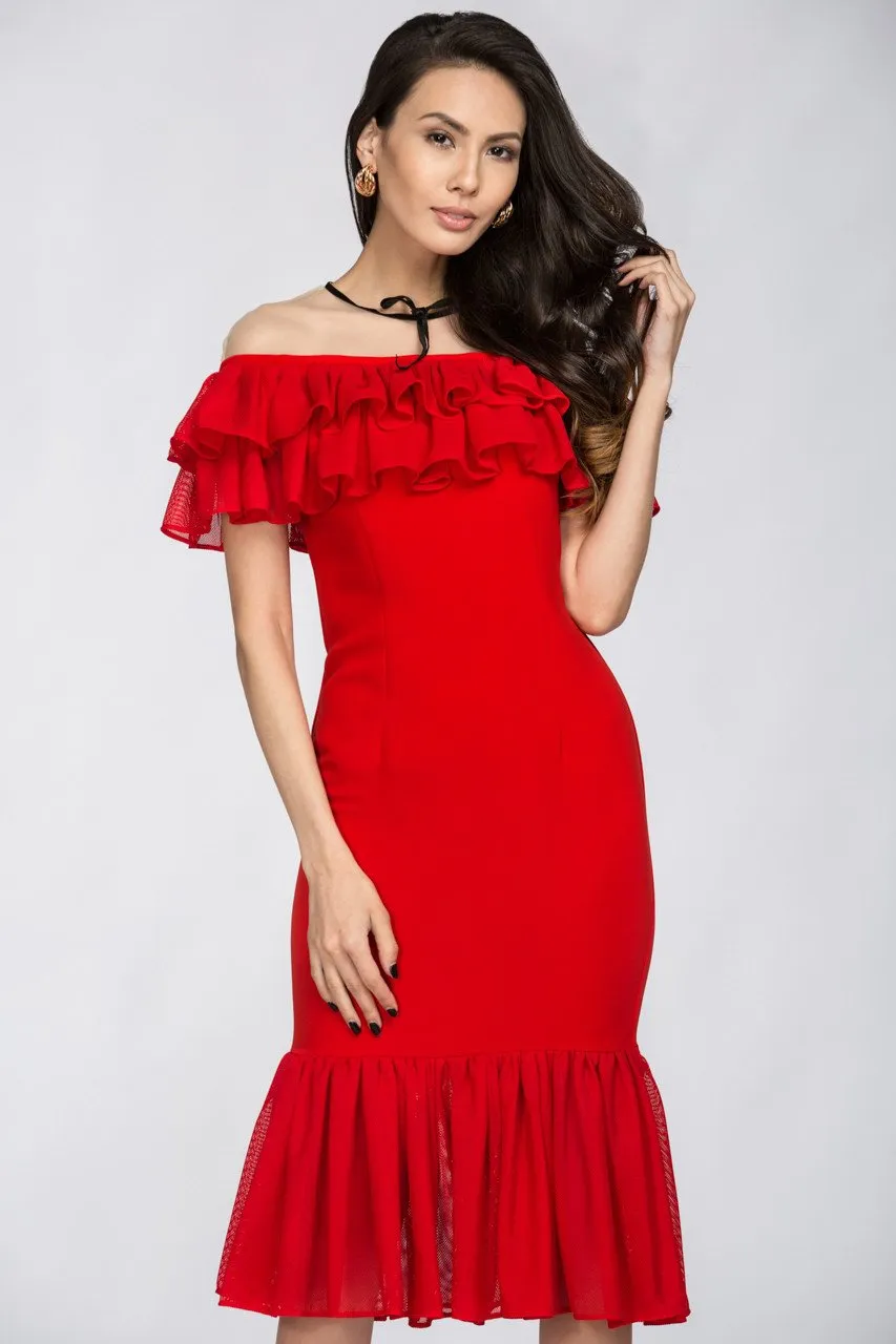 Red Yoke Mesh Ruffle Trumpet Midi Dress