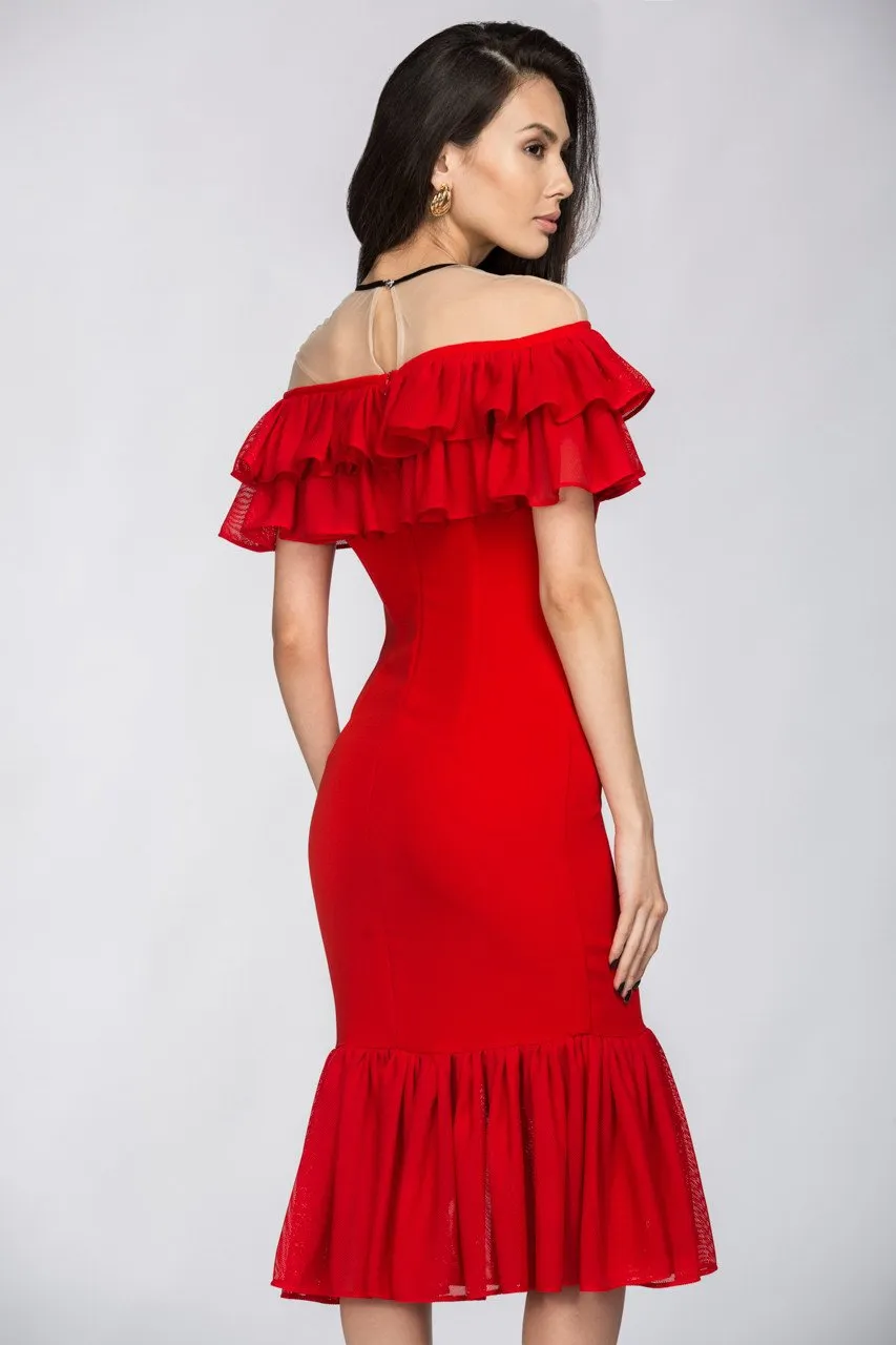 Red Yoke Mesh Ruffle Trumpet Midi Dress