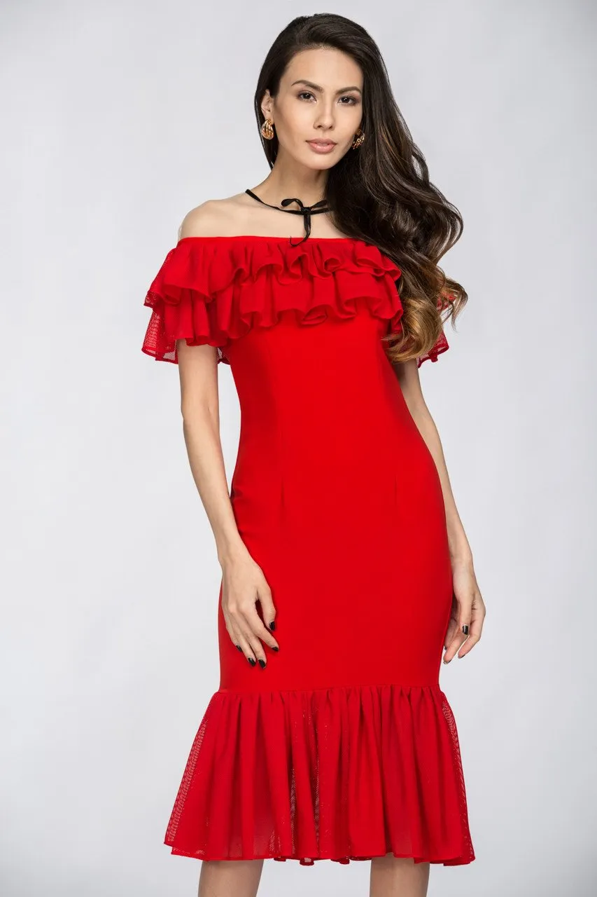 Red Yoke Mesh Ruffle Trumpet Midi Dress