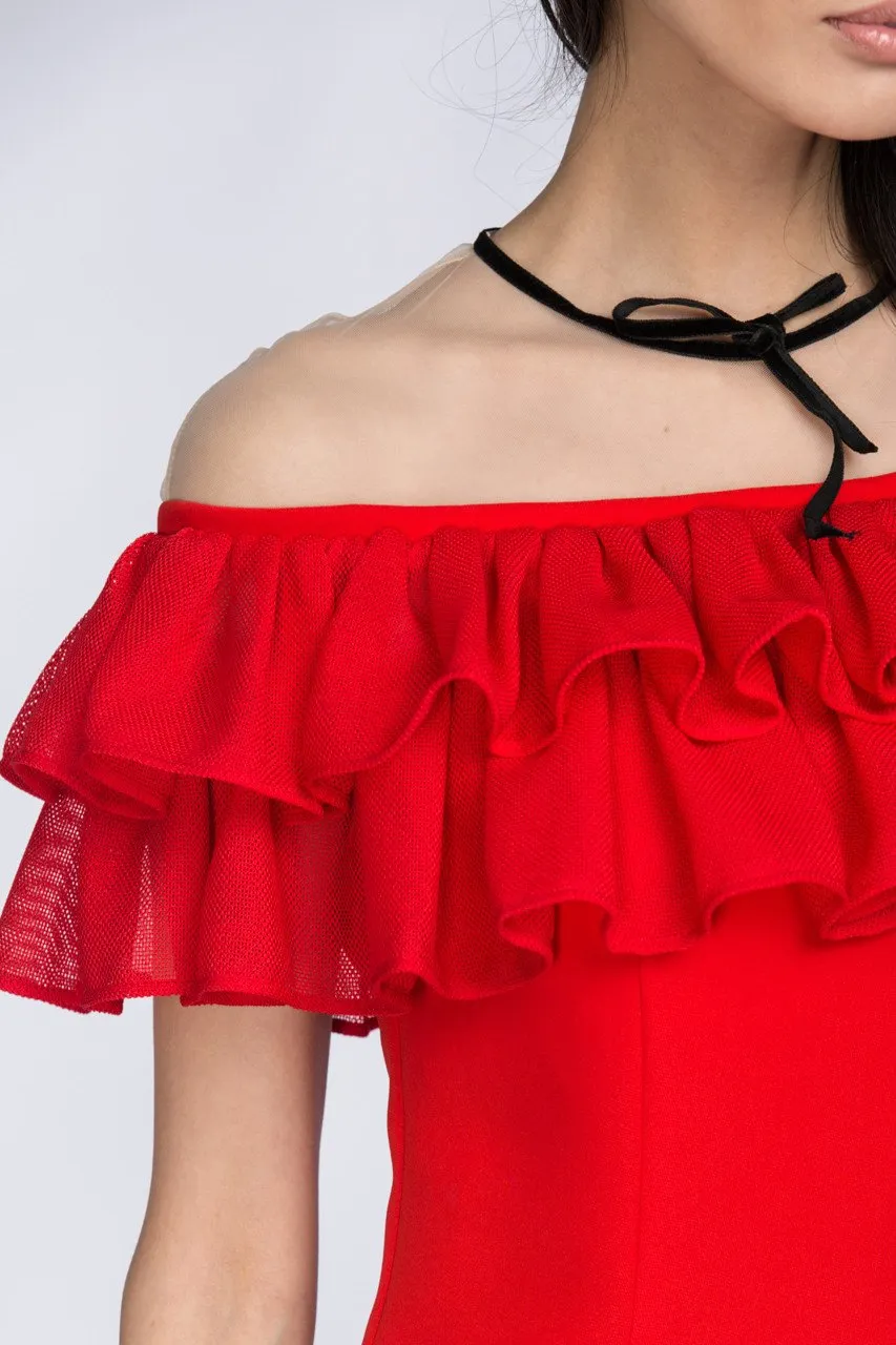 Red Yoke Mesh Ruffle Trumpet Midi Dress