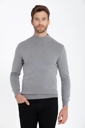 Regular Fit Light Gray Cotton Blend Mock Neck Sweater