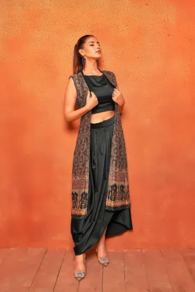 Rich Black Ethnic Print Dhoti Skirt Long Straight Shrug Co-ord Set