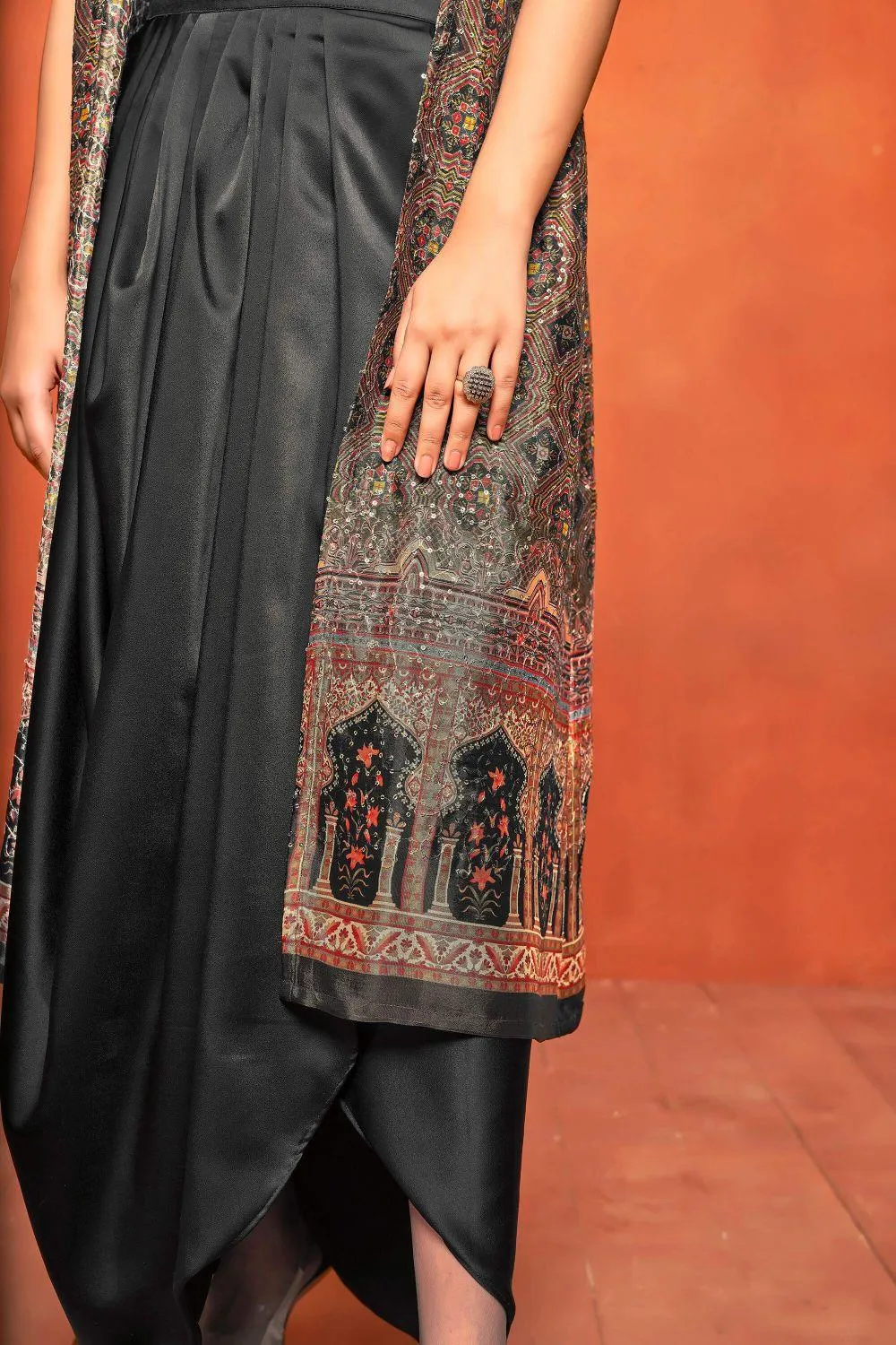 Rich Black Ethnic Print Dhoti Skirt Long Straight Shrug Co-ord Set