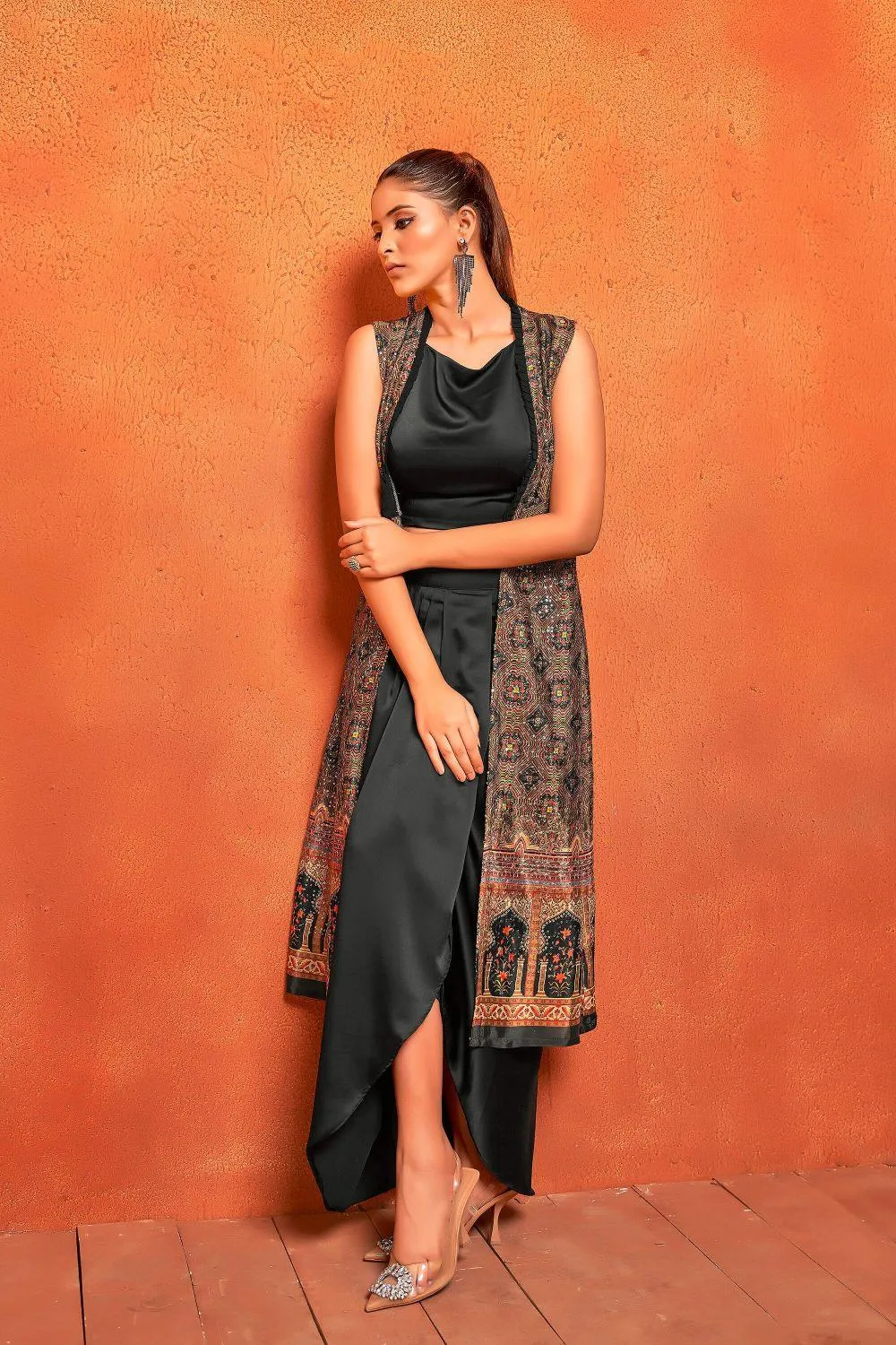 Rich Black Ethnic Print Dhoti Skirt Long Straight Shrug Co-ord Set