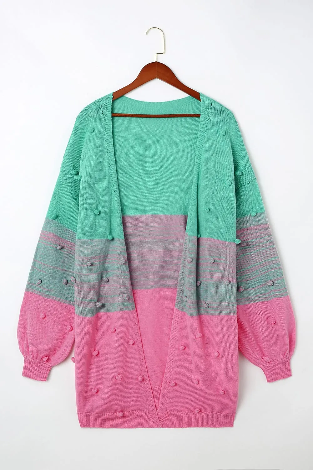 Rose Pompom Color Block Open Front Cardigan