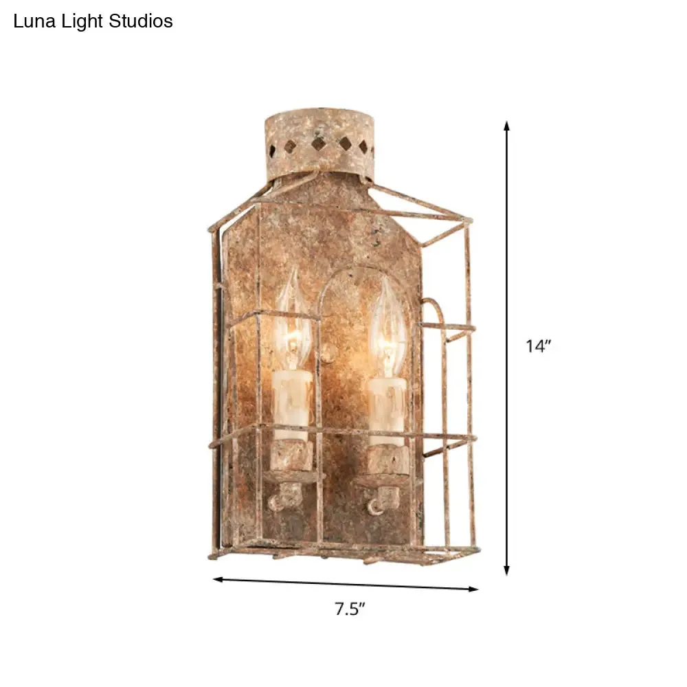 Rustic Metal Wall Mounted Light Fixture with Country Candle Sconce, 2-Bulb Cage Design for Indoor Lighting