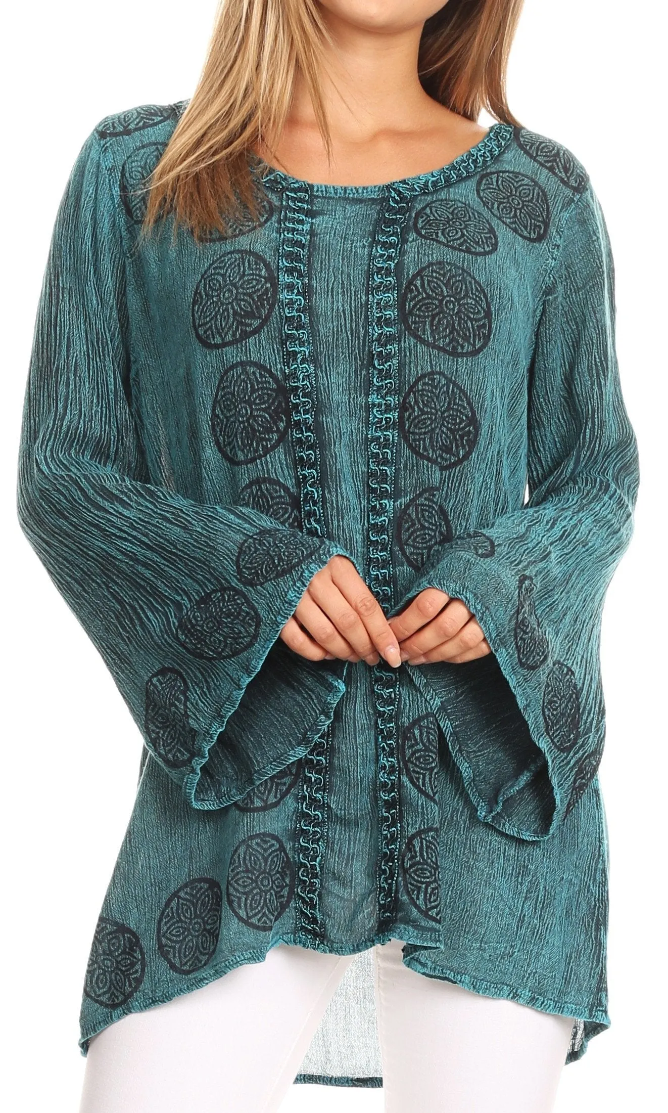 Sakkas Jayla Long Bell Sleeve Stonewashed Embroidered Top with Floral Print