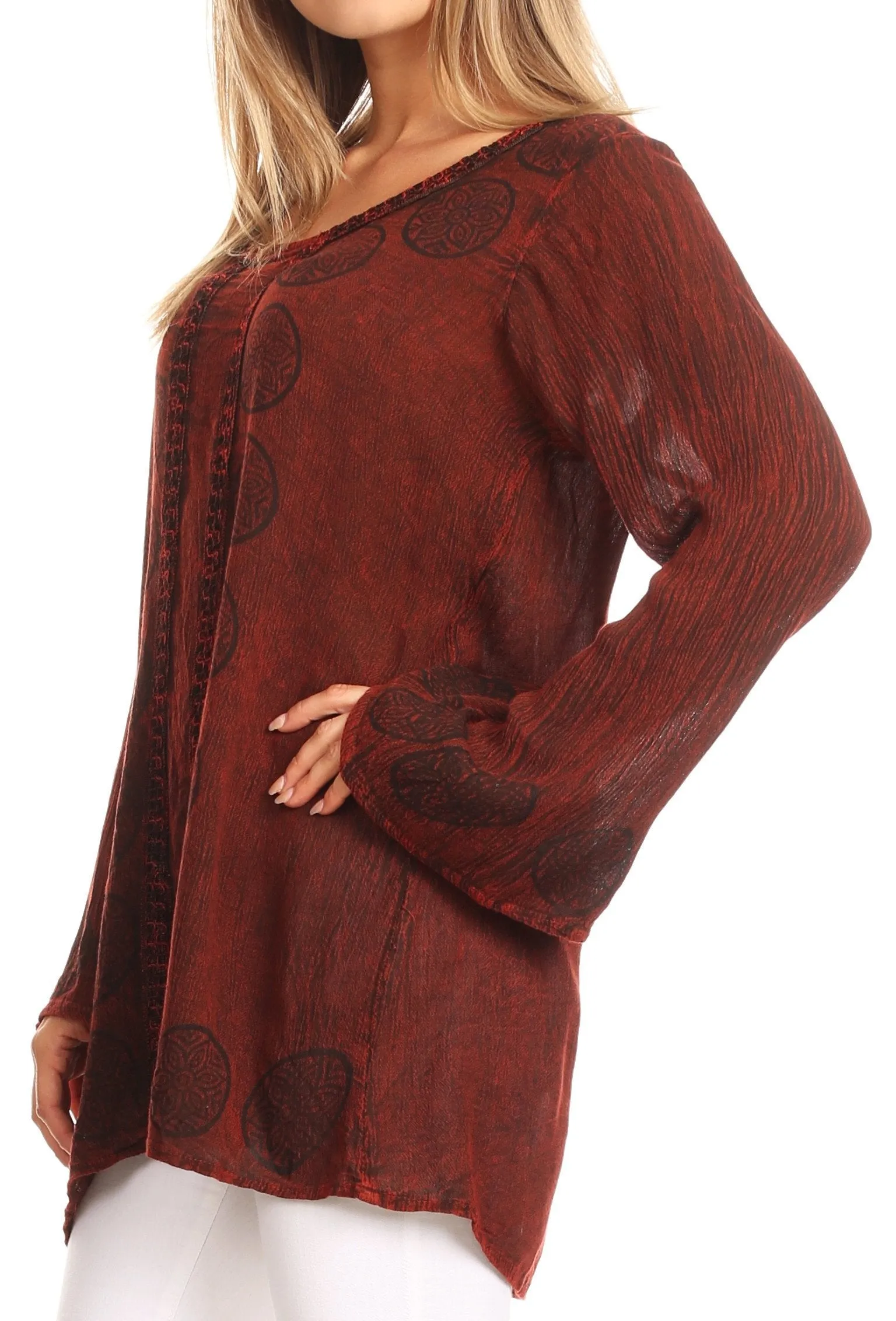 Sakkas Jayla Long Bell Sleeve Stonewashed Embroidered Top with Floral Print