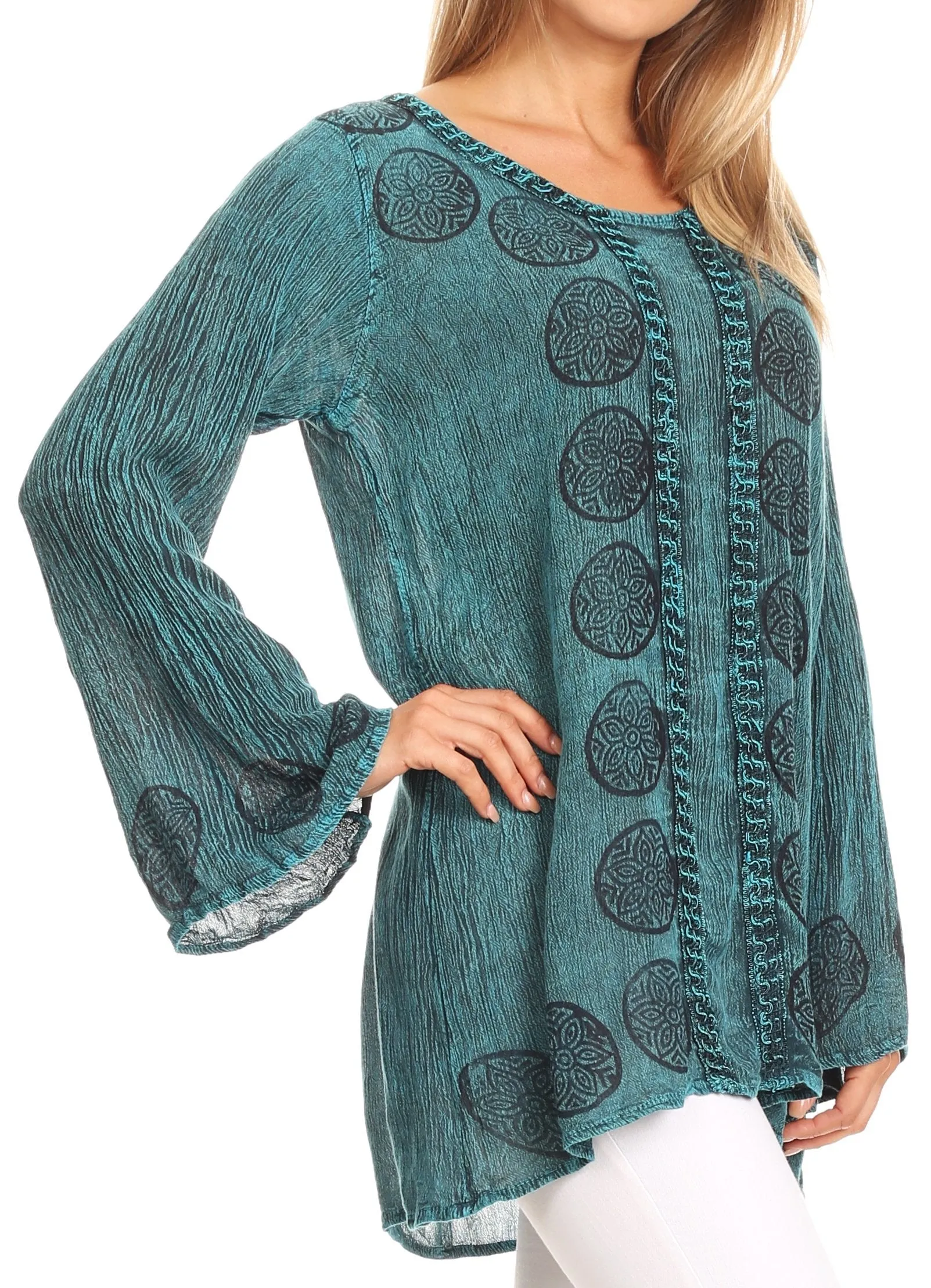 Sakkas Jayla Long Bell Sleeve Stonewashed Embroidered Top with Floral Print