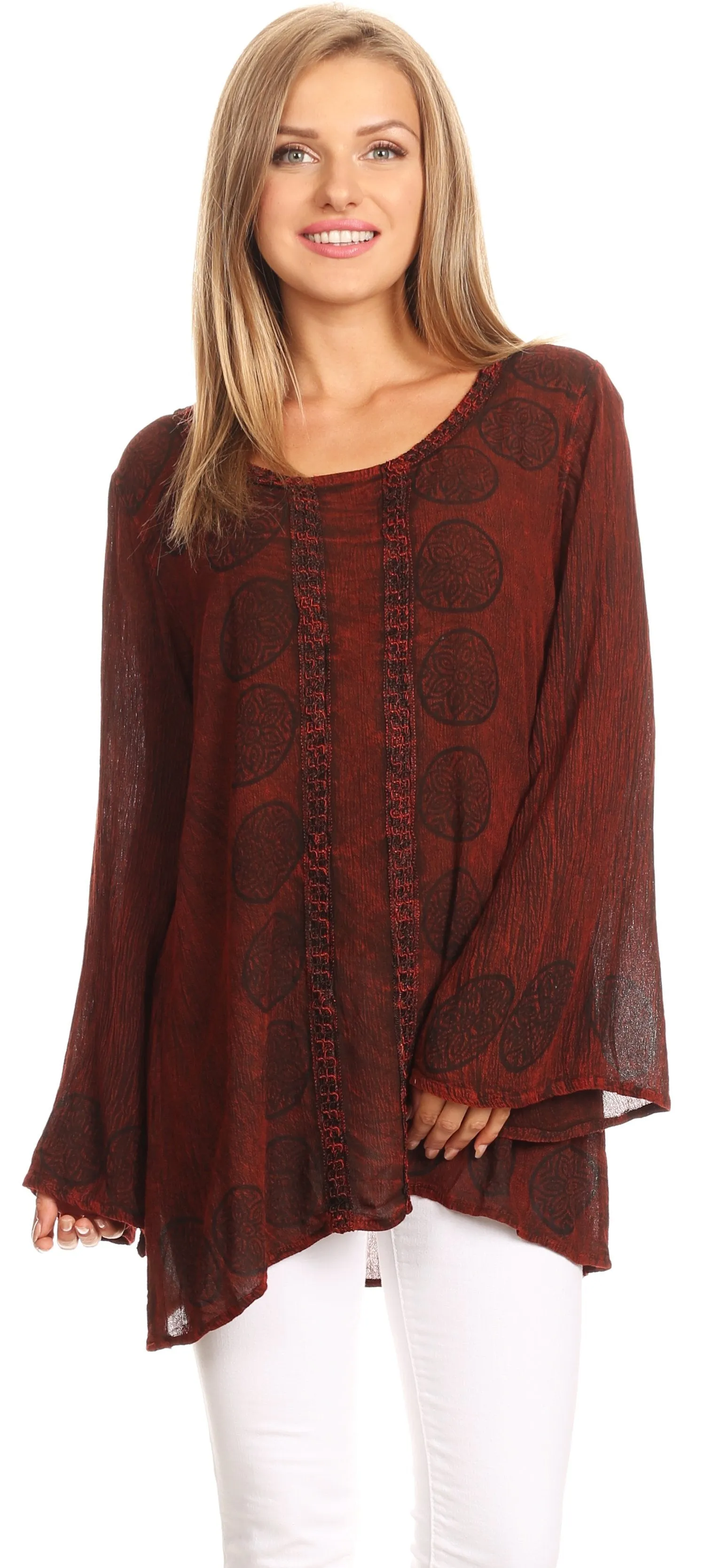 Sakkas Jayla Long Bell Sleeve Stonewashed Embroidered Top with Floral Print