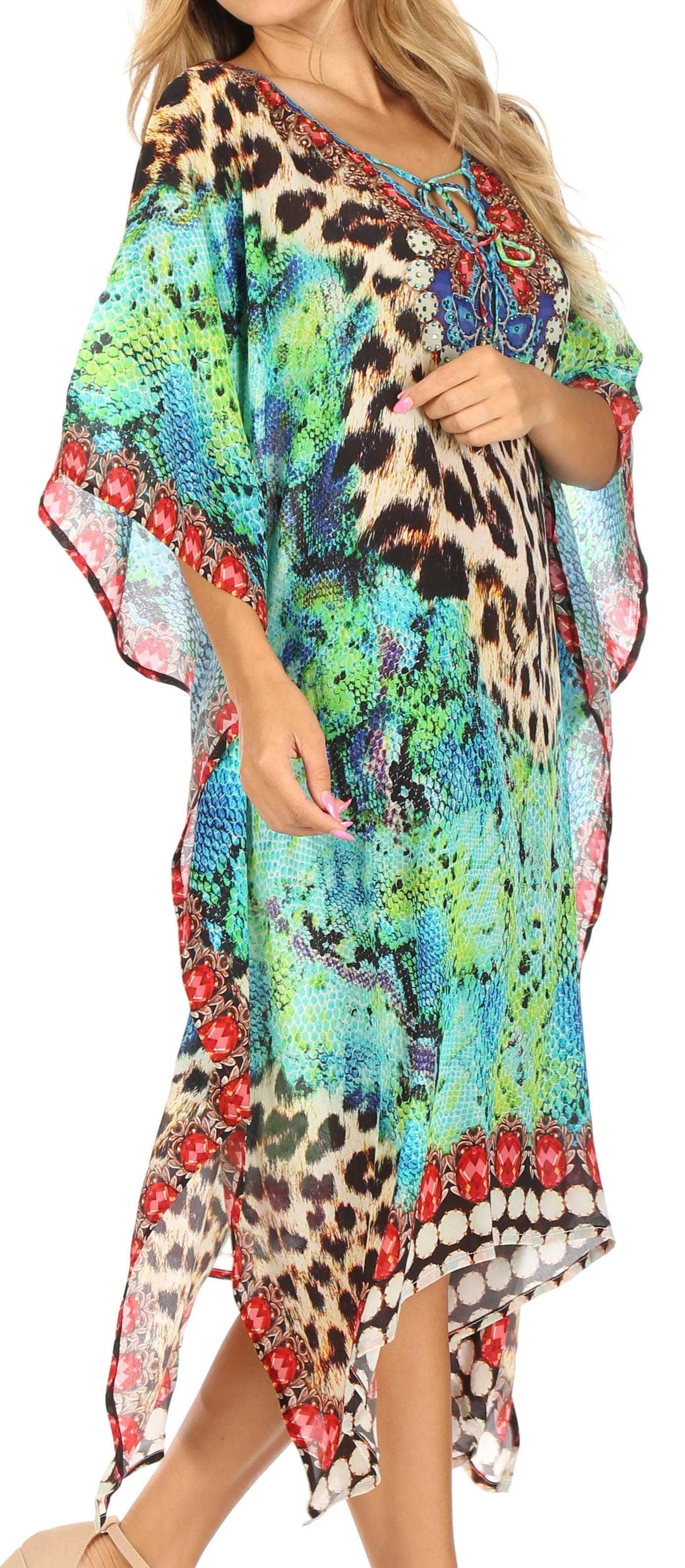 Sakkas Jenni Women's Mid Length Boho Caftan Kaftan Dress Cover up Flowy Rhinestone