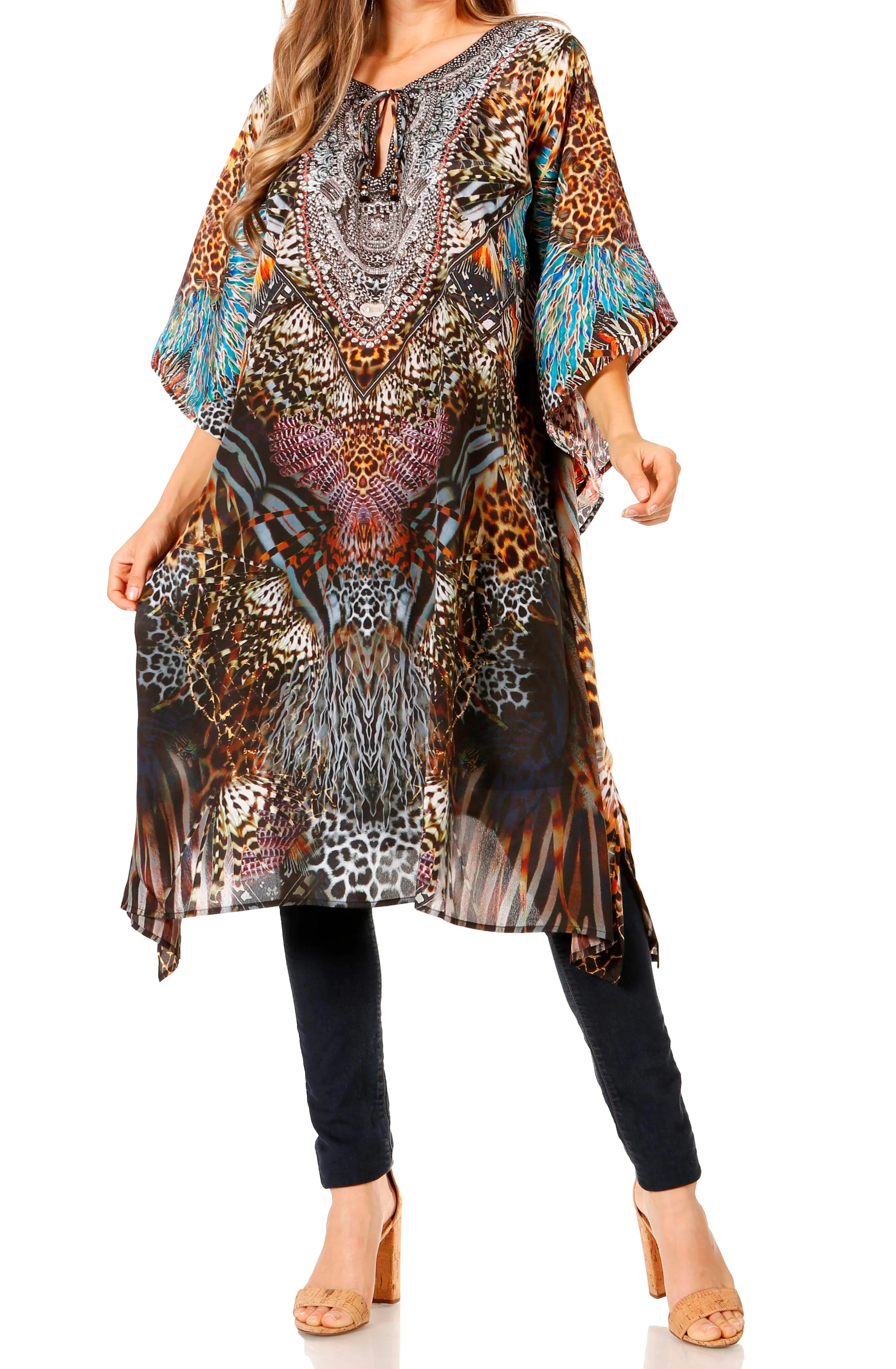 Sakkas Jenni Women's Mid Length Boho Caftan Kaftan Dress Cover up Flowy Rhinestone